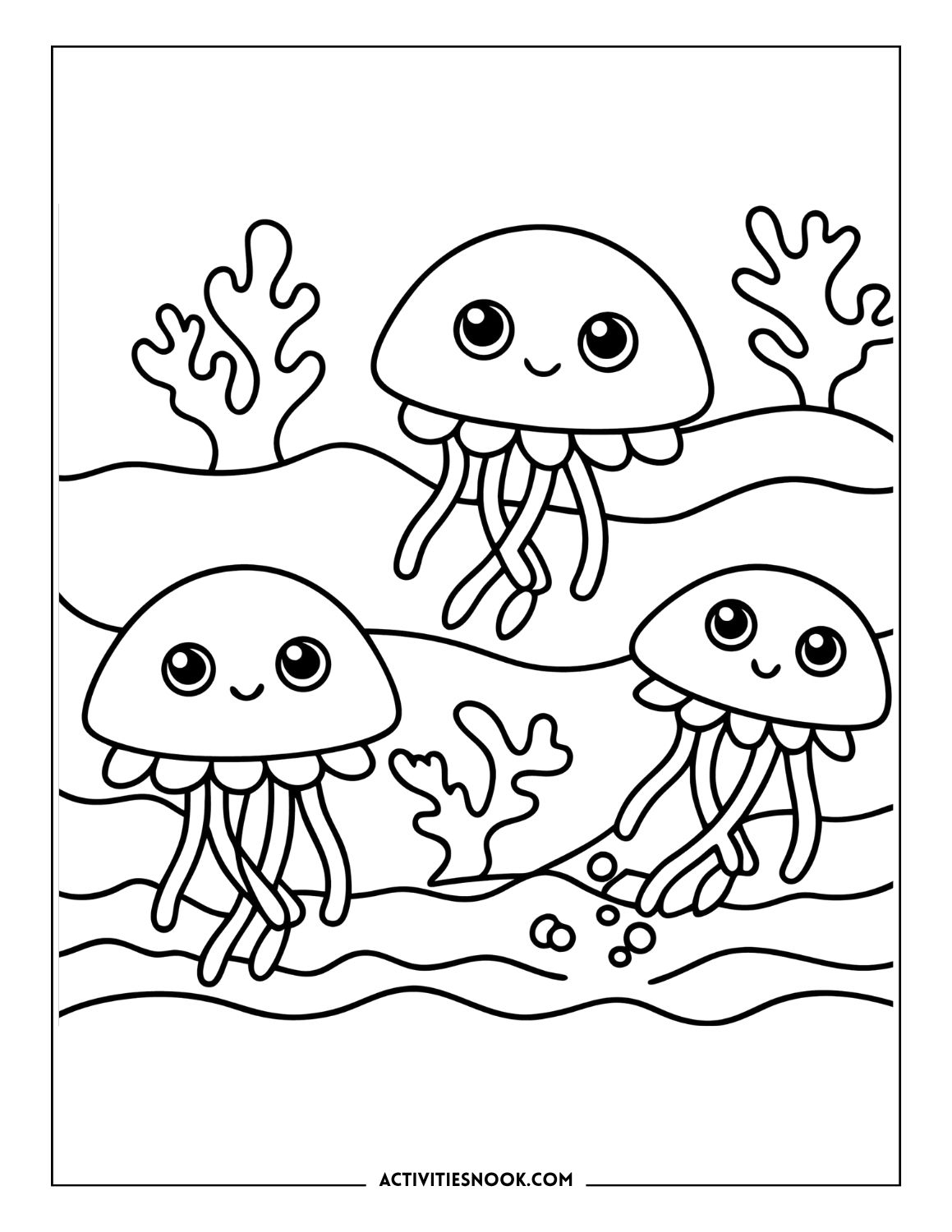 Cartoon jellyfish swimming near coral and seaweed on the ocean floor for coloring.