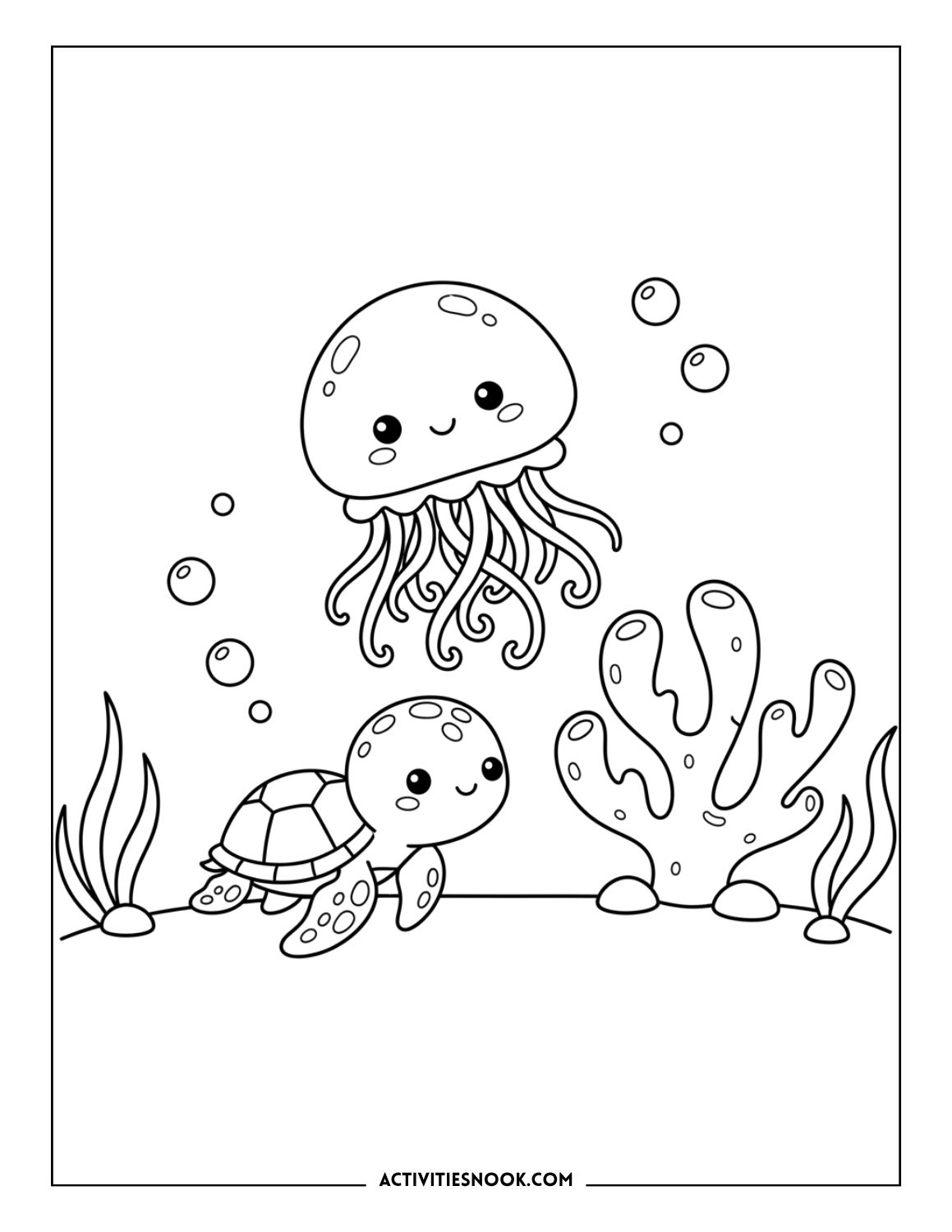 Cute jellyfish and sea turtle underwater scene with coral and bubbles for children to color.