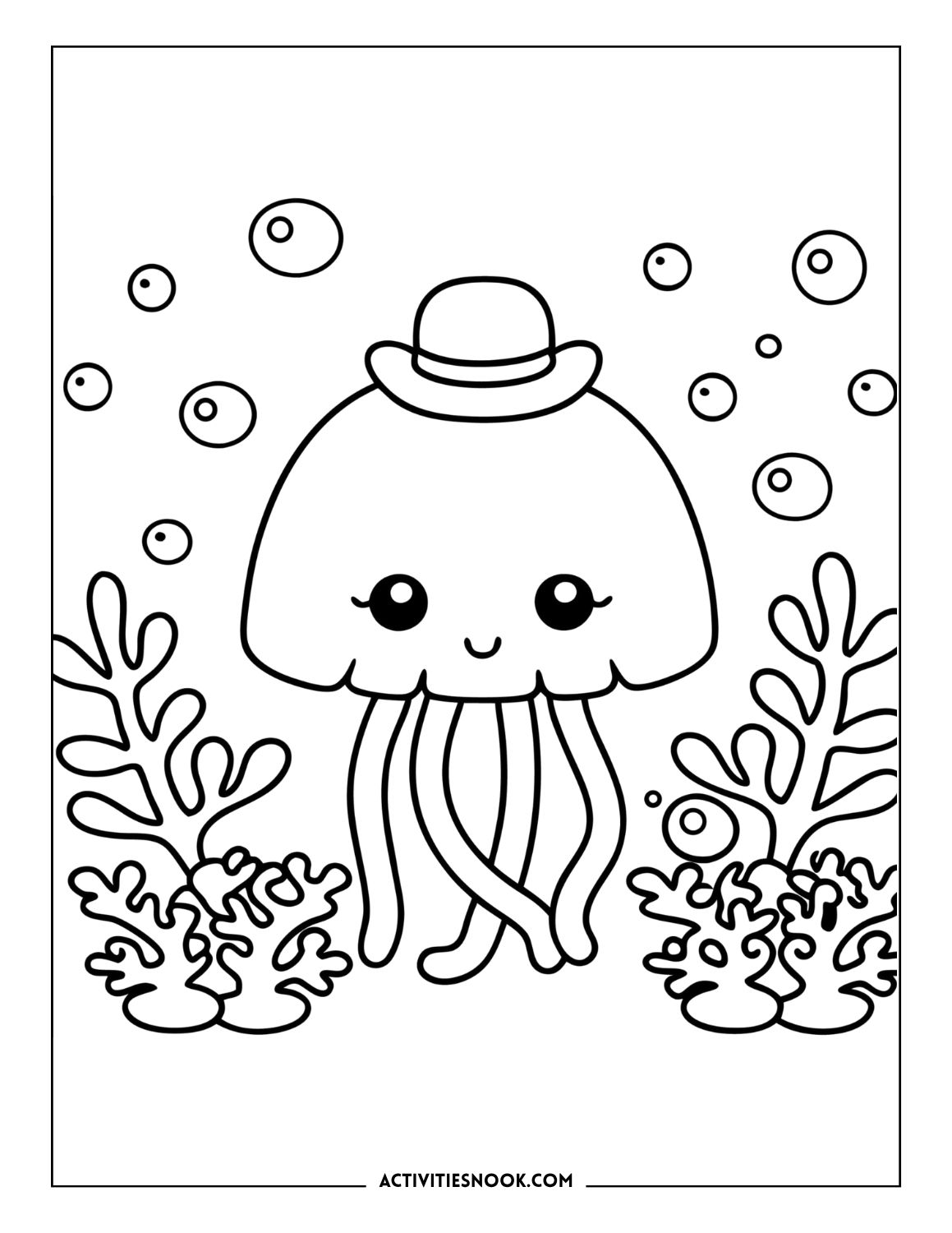 Cute jellyfish with a hat surrounded by coral and bubbles underwater coloring page.