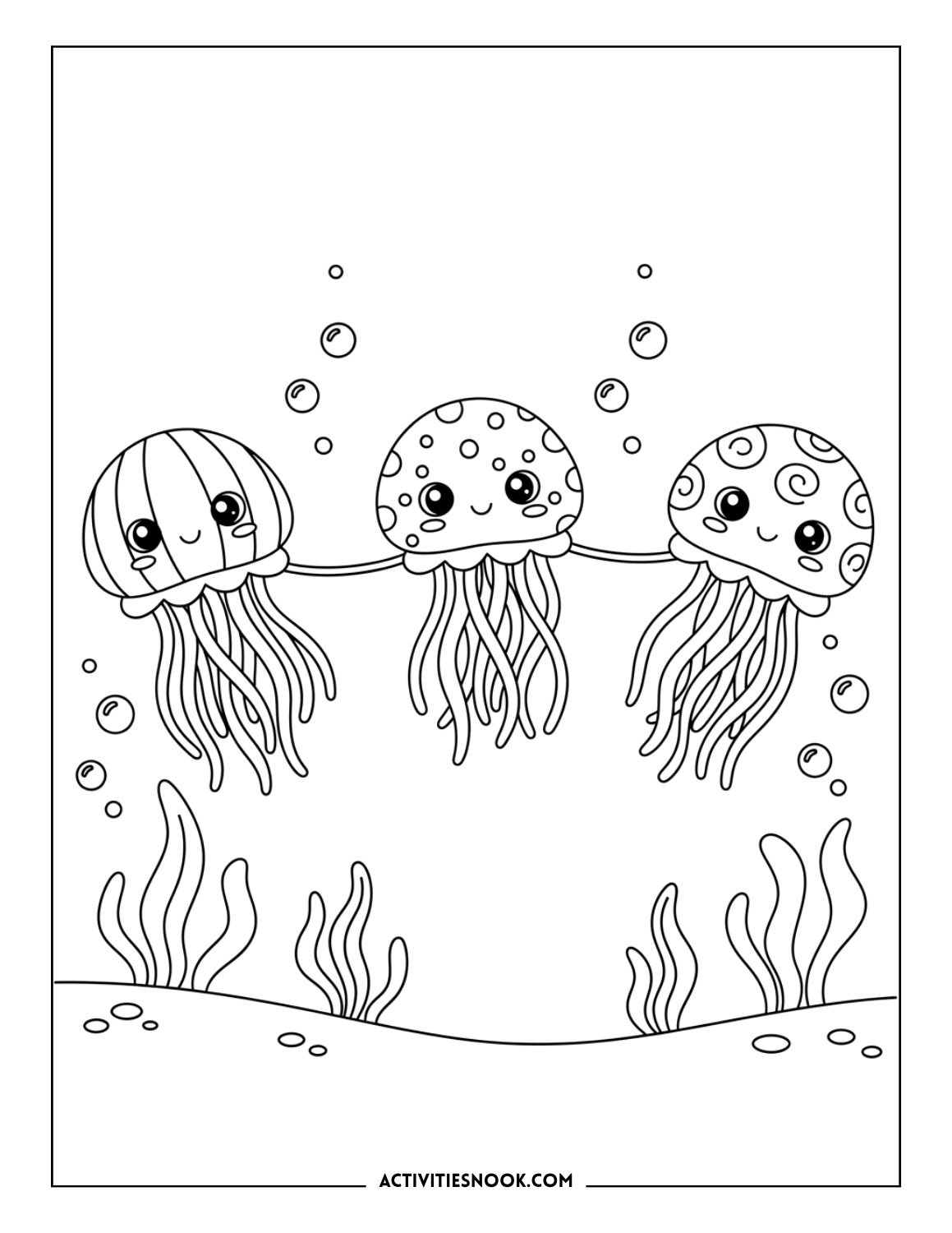 Group of three happy jellyfish holding tentacles underwater, surrounded by bubbles and sea plants.