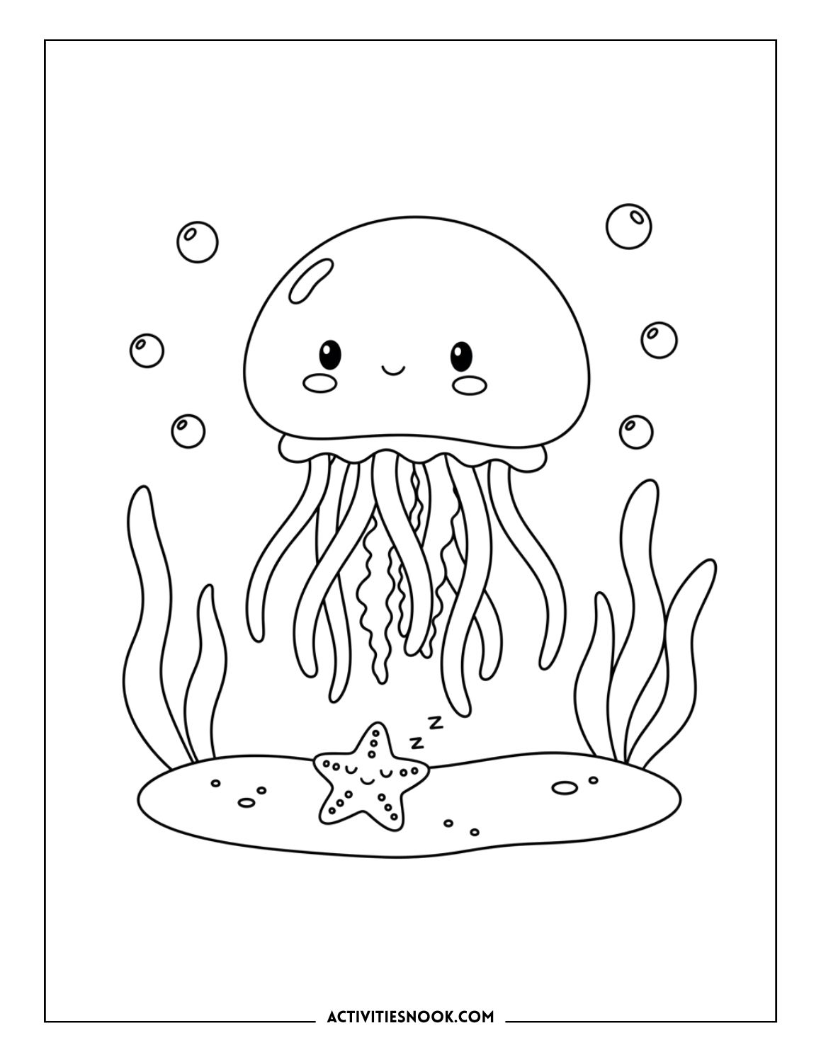 Cute jellyfish and sleeping starfish underwater with bubbles and seaweed for coloring.