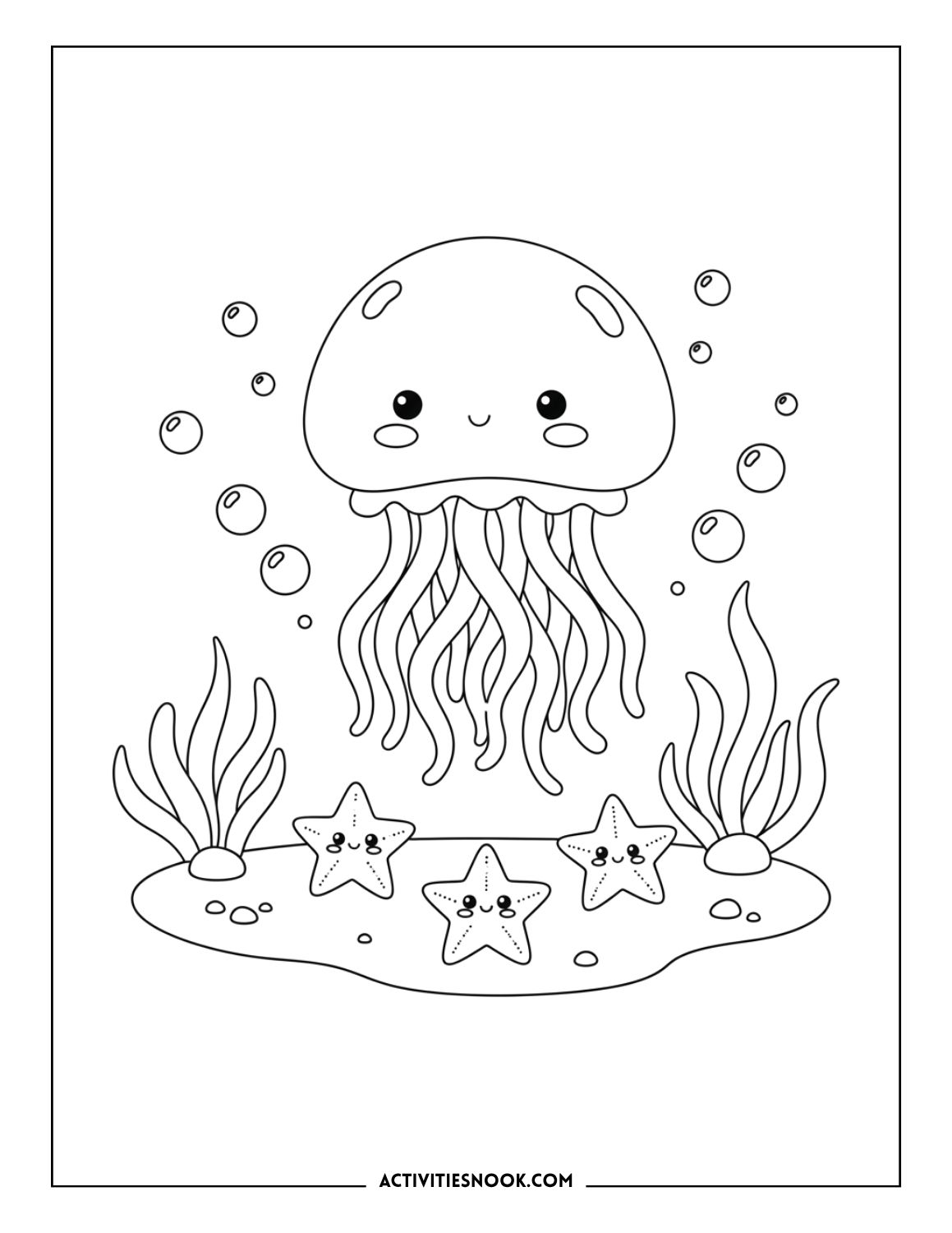 Jellyfish and starfish surrounded by seaweed and bubbles in an underwater coloring page.