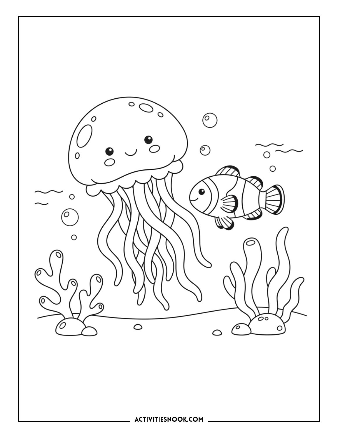 Jellyfish and clownfish underwater scene with coral and bubbles for kids to color.