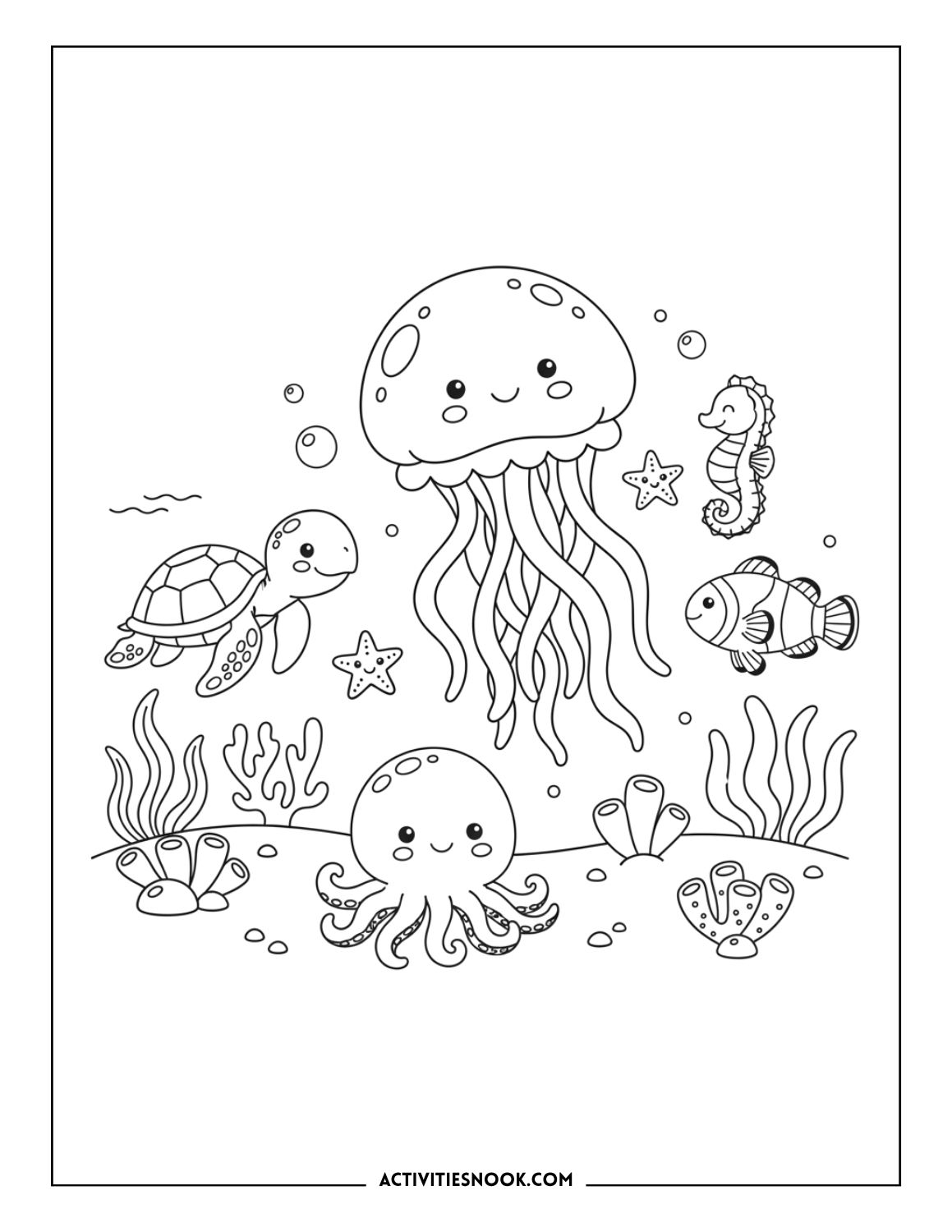 Group of sea animals including jellyfish, octopus, seahorse, turtle, and fish surrounded by coral for coloring.