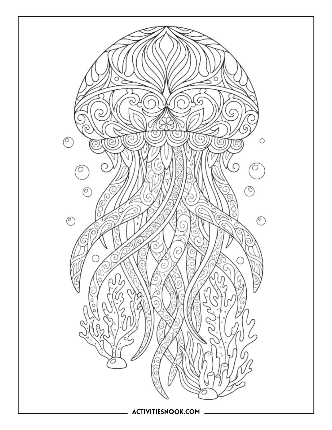 Decorative jellyfish with ornate patterns and coral shapes in a detailed coloring page.