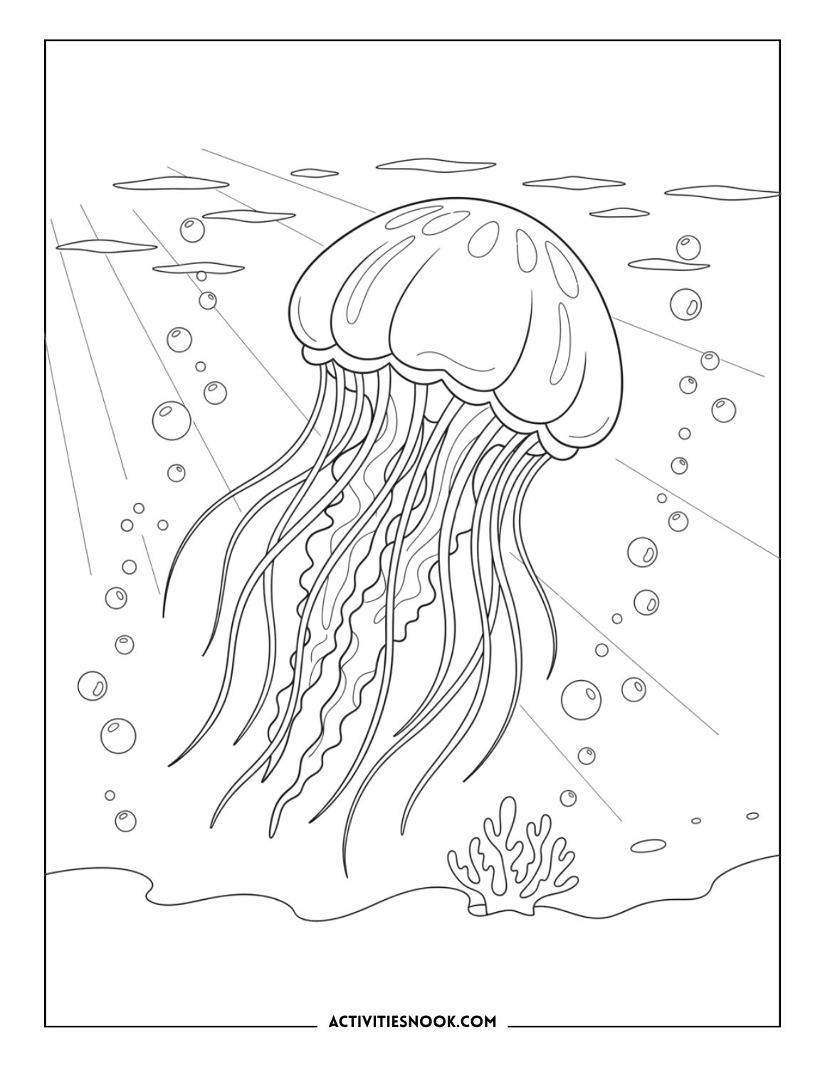 Realistic jellyfish drifting underwater with rays of light and coral for coloring.