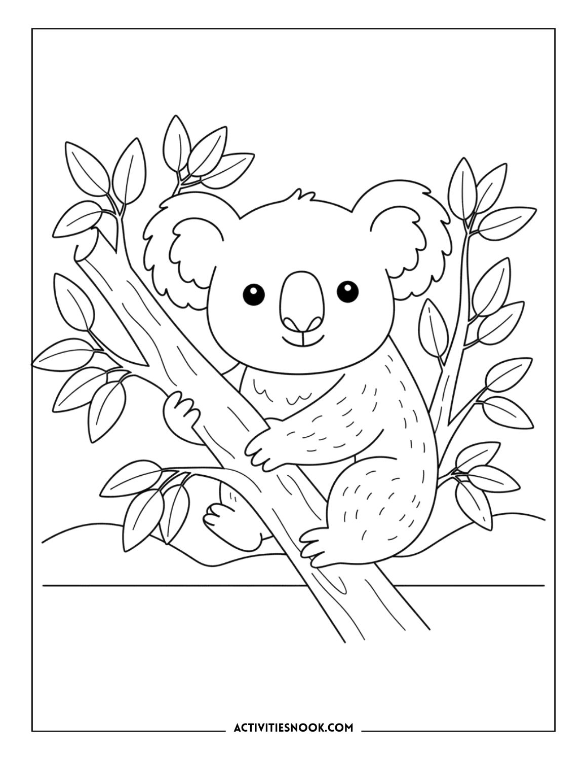 koala climbing eucalyptus tree coloring sheet, printable koala art for kids