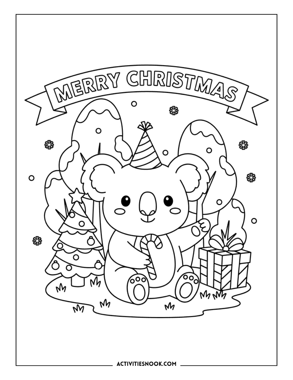 Christmas koala with candy cane and presents coloring page printable