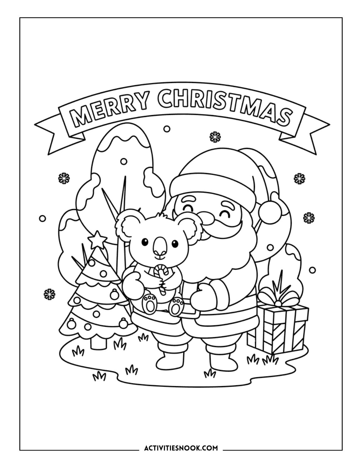 Santa Claus holding a koala with Christmas tree and presents coloring page