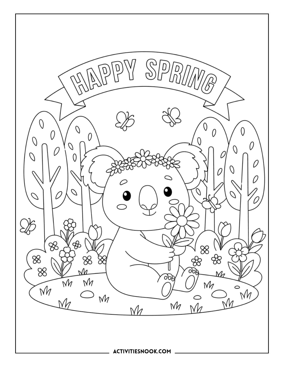 koala with flower crown sitting in spring garden coloring sheet for kids