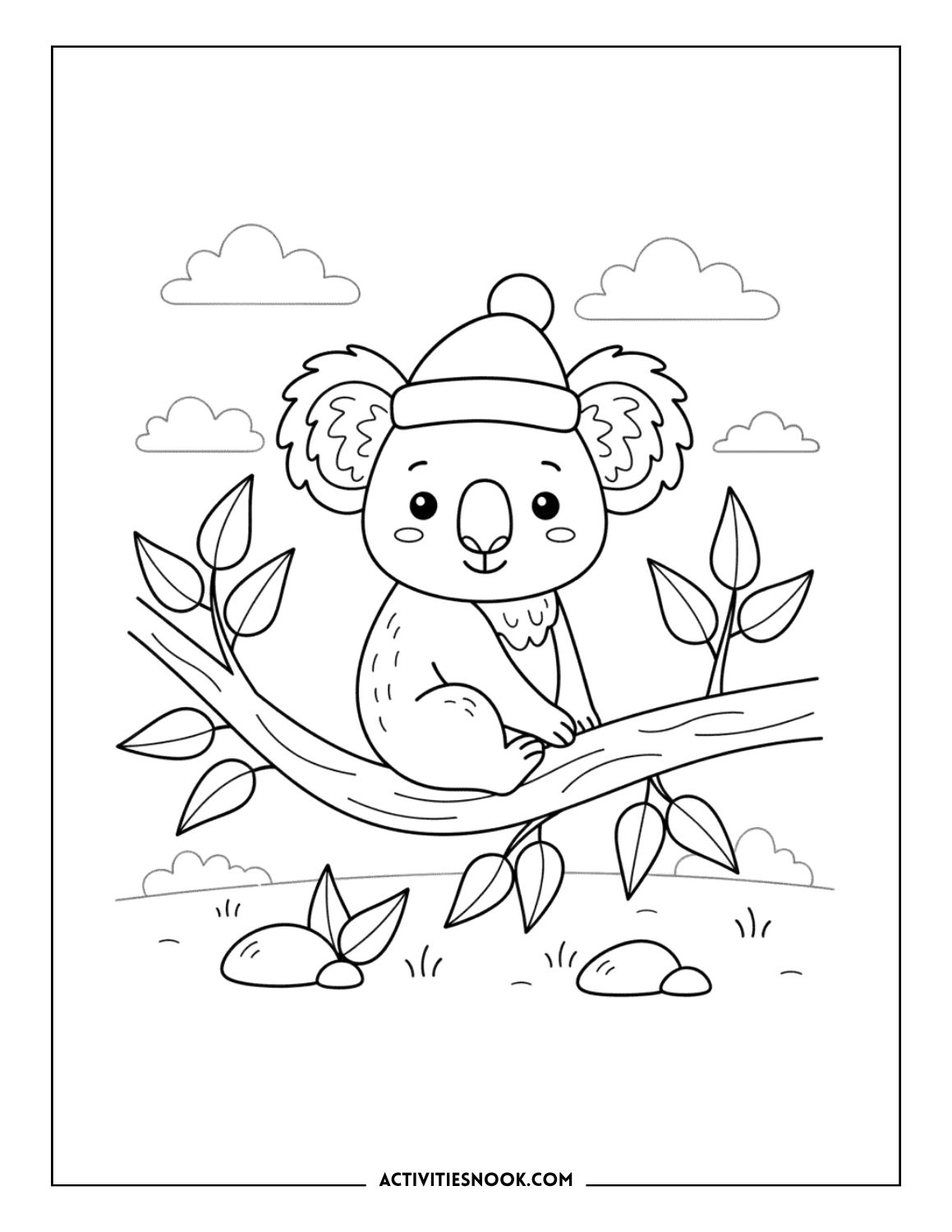 koala wearing winter hat sitting on tree branch coloring page printable