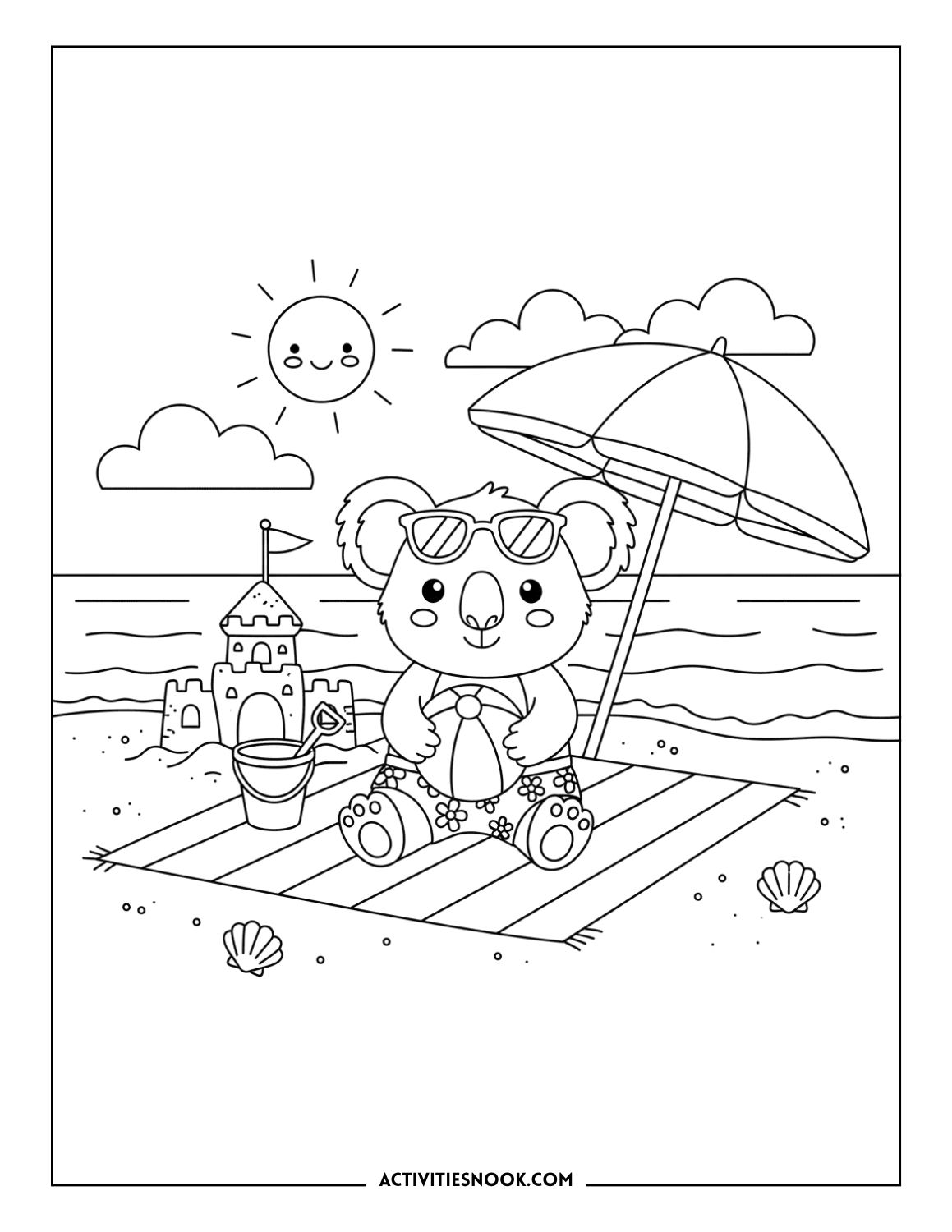 koala at the beach with umbrella and sandcastle coloring sheet printable