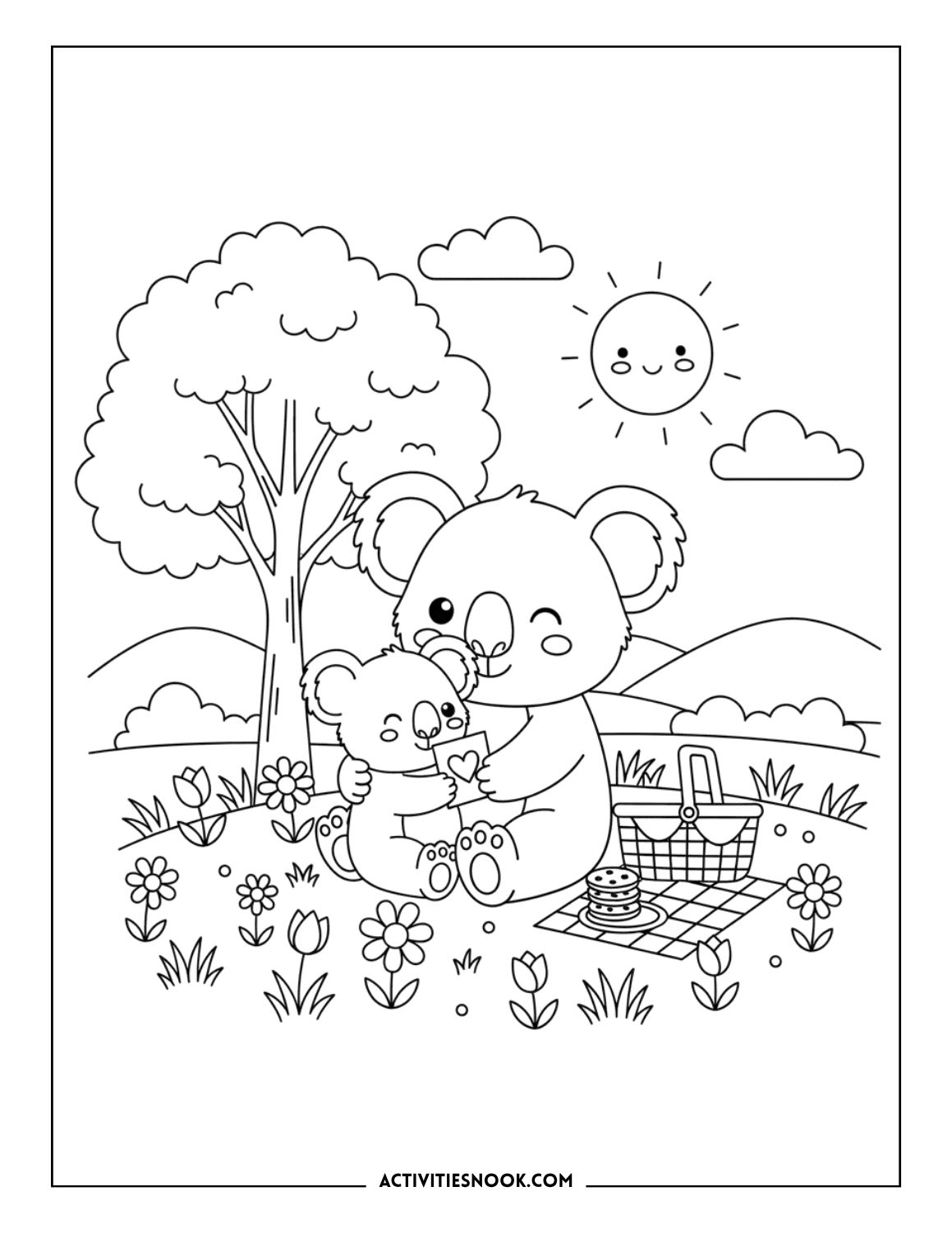 koala family Mother's Day picnic in meadow coloring page with sun and flowers