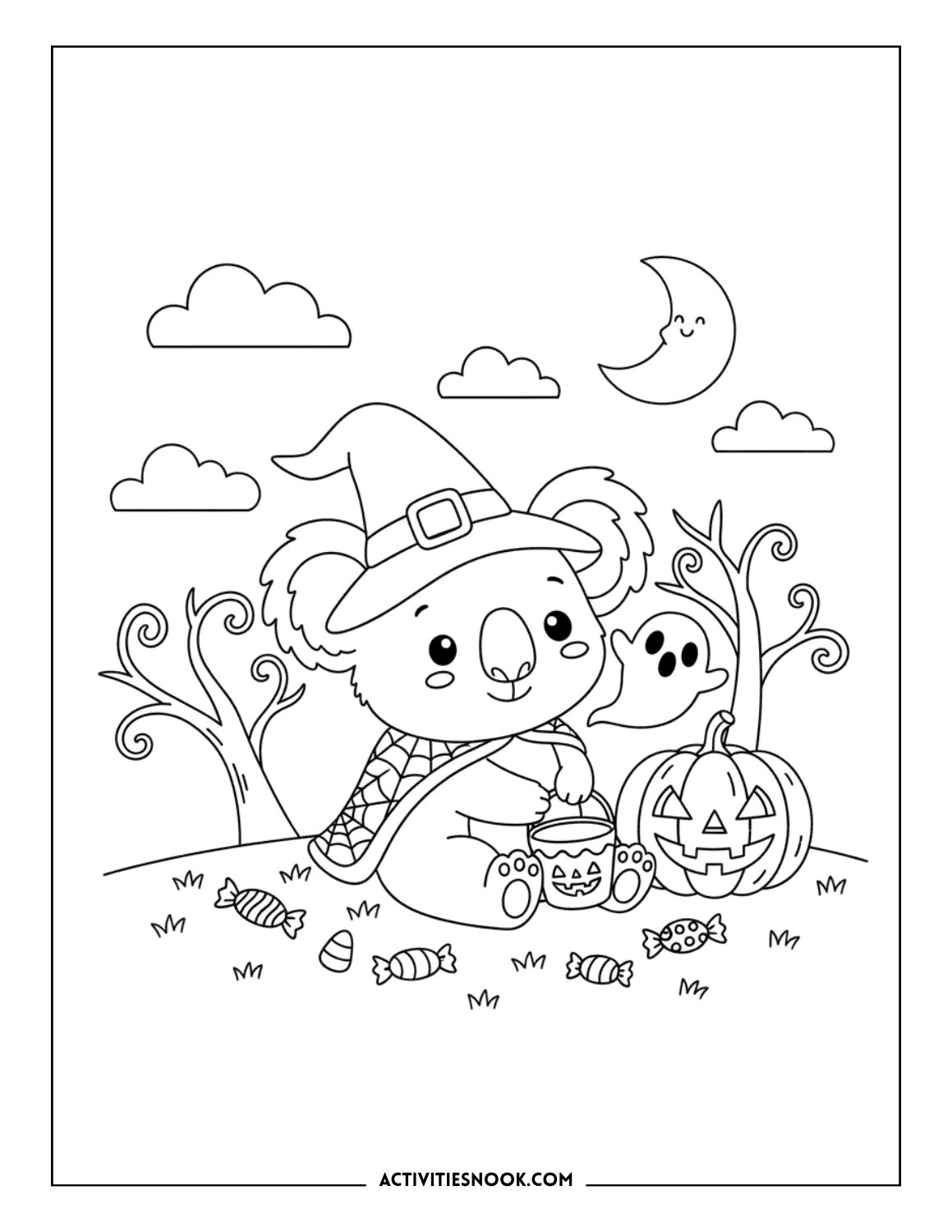 koala wearing witch hat with pumpkin and ghost Halloween coloring page