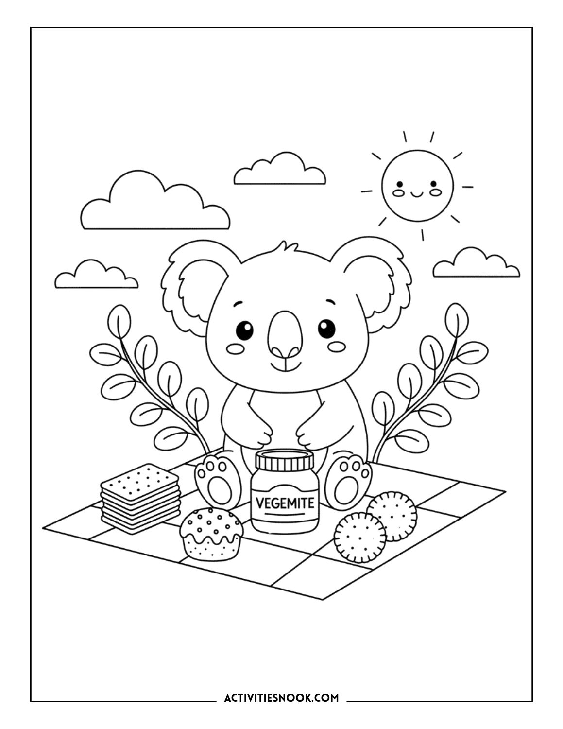 koala sitting on picnic blanket with Vegemite jar and snacks coloring page