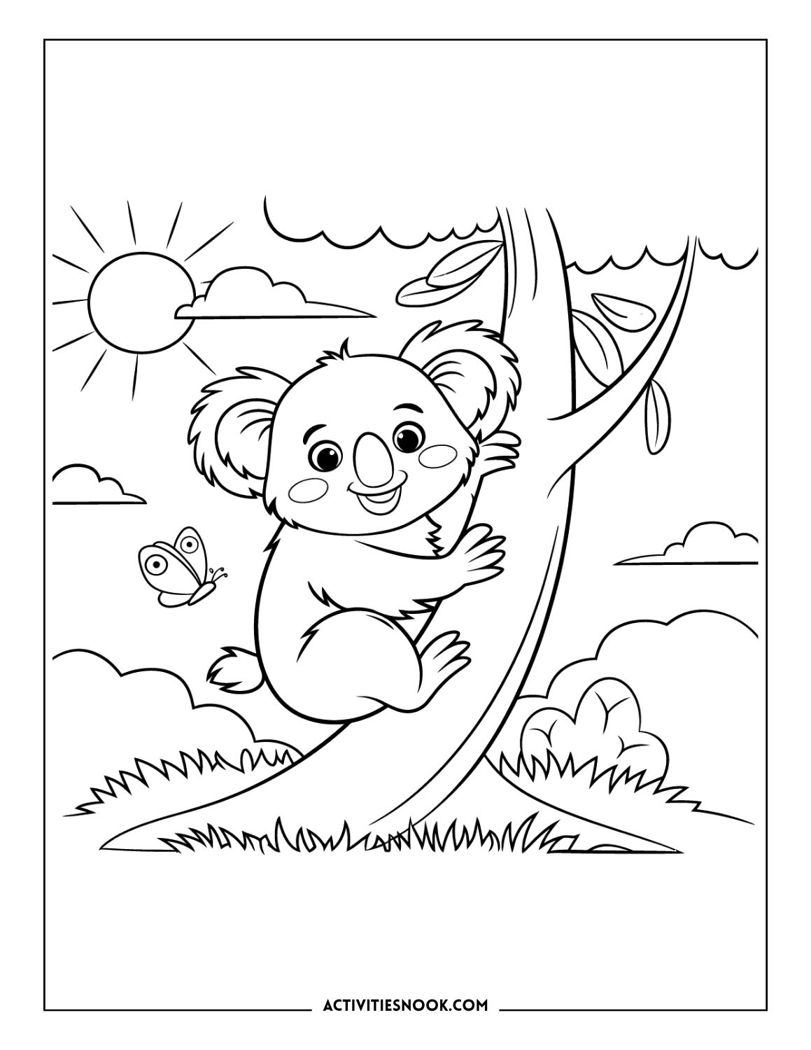 koala climbing tree with butterfly and sunshine coloring sheet for kids