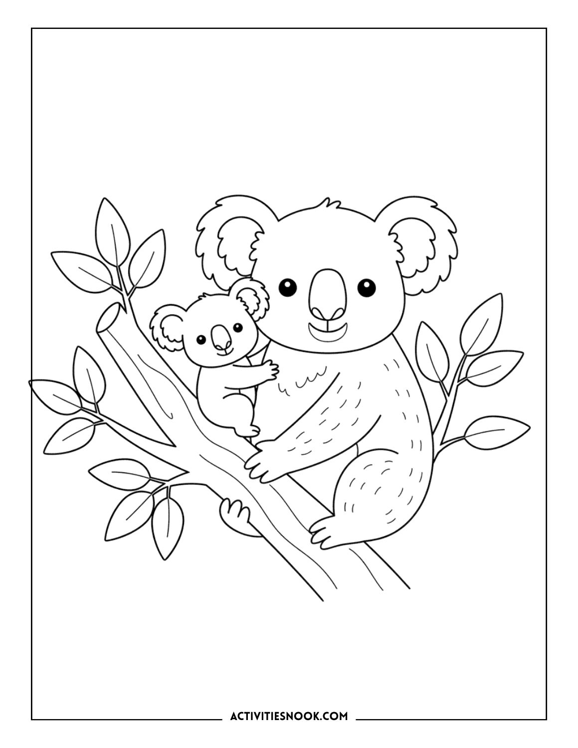 koala with baby in tree coloring page, koala and joey printable illustration