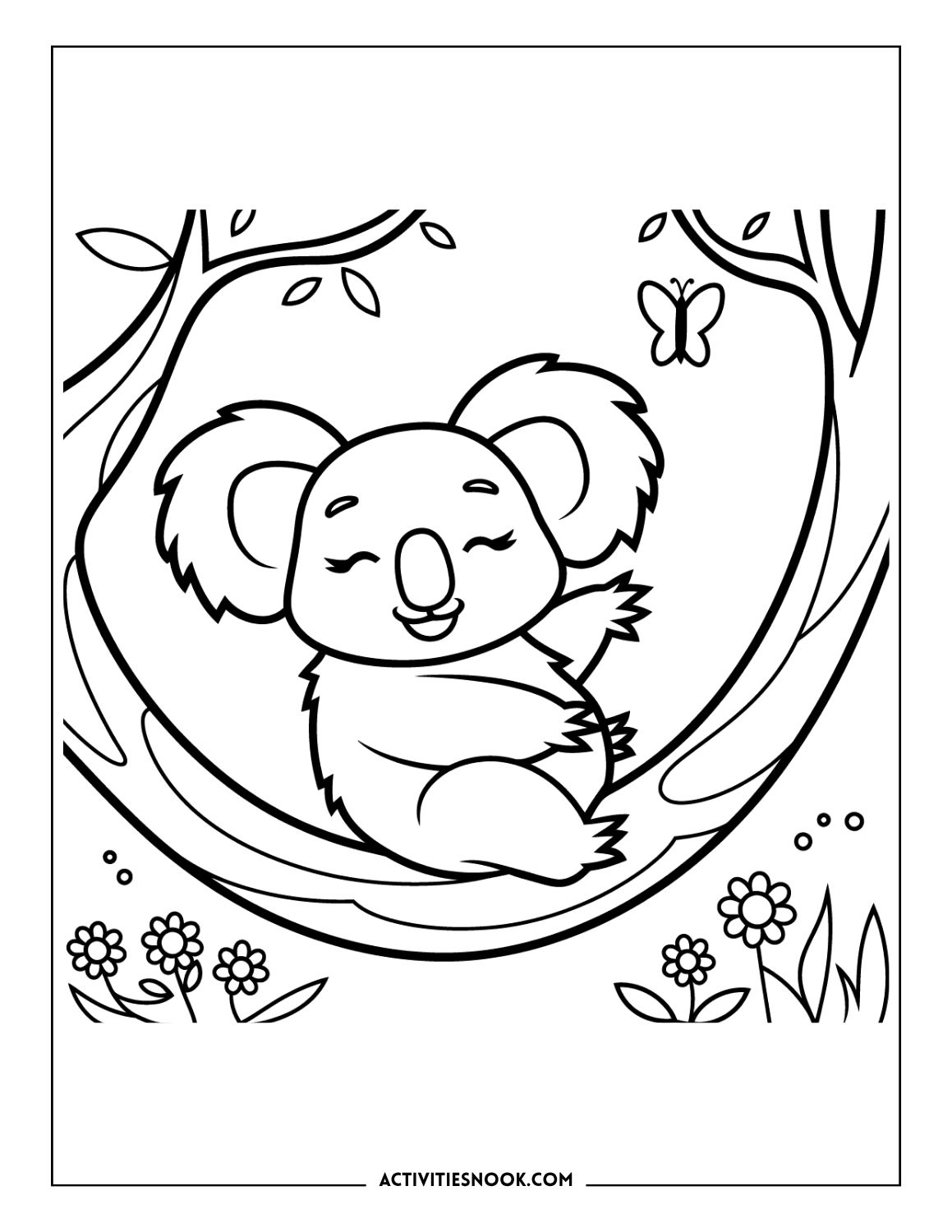 resting and smiling koala in tree hammock with flowers coloring page printable