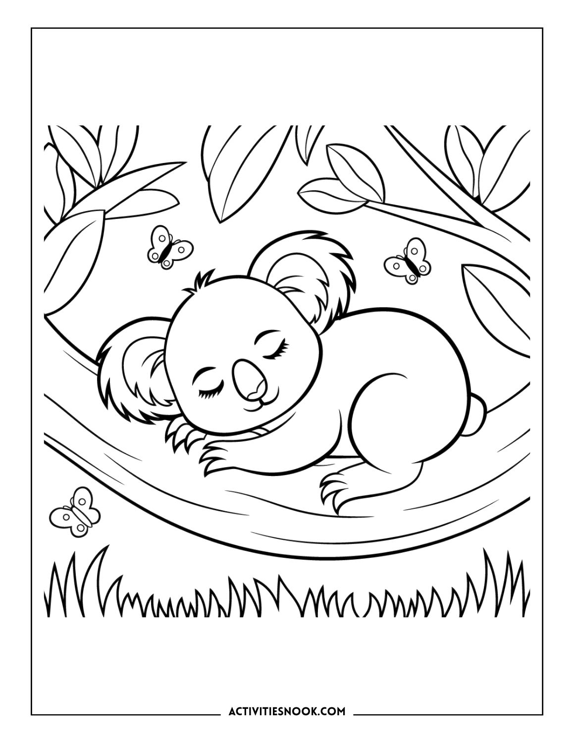 koala sleeping on tree branch with butterflies coloring page printable