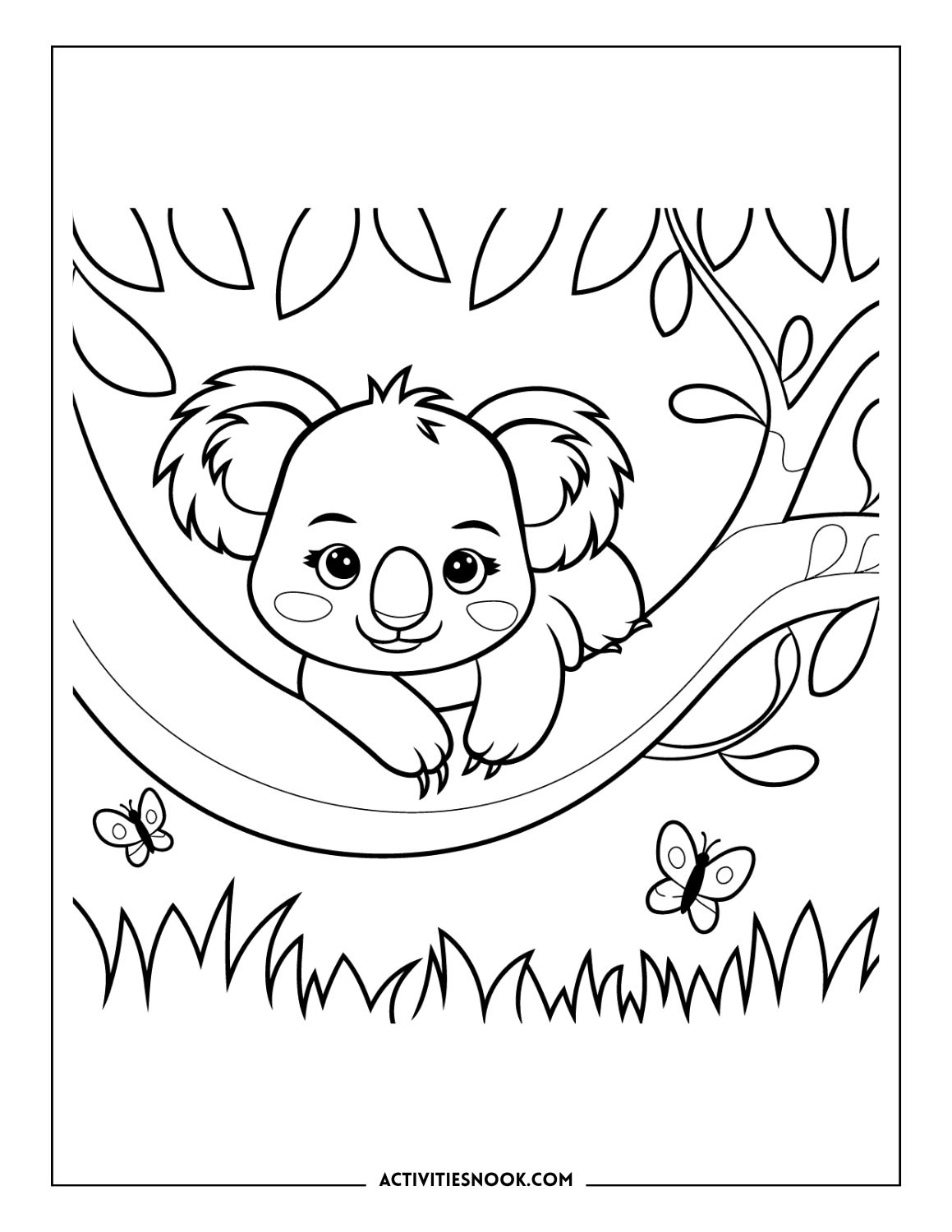 cute koala looking out from tree branch coloring sheet for kids