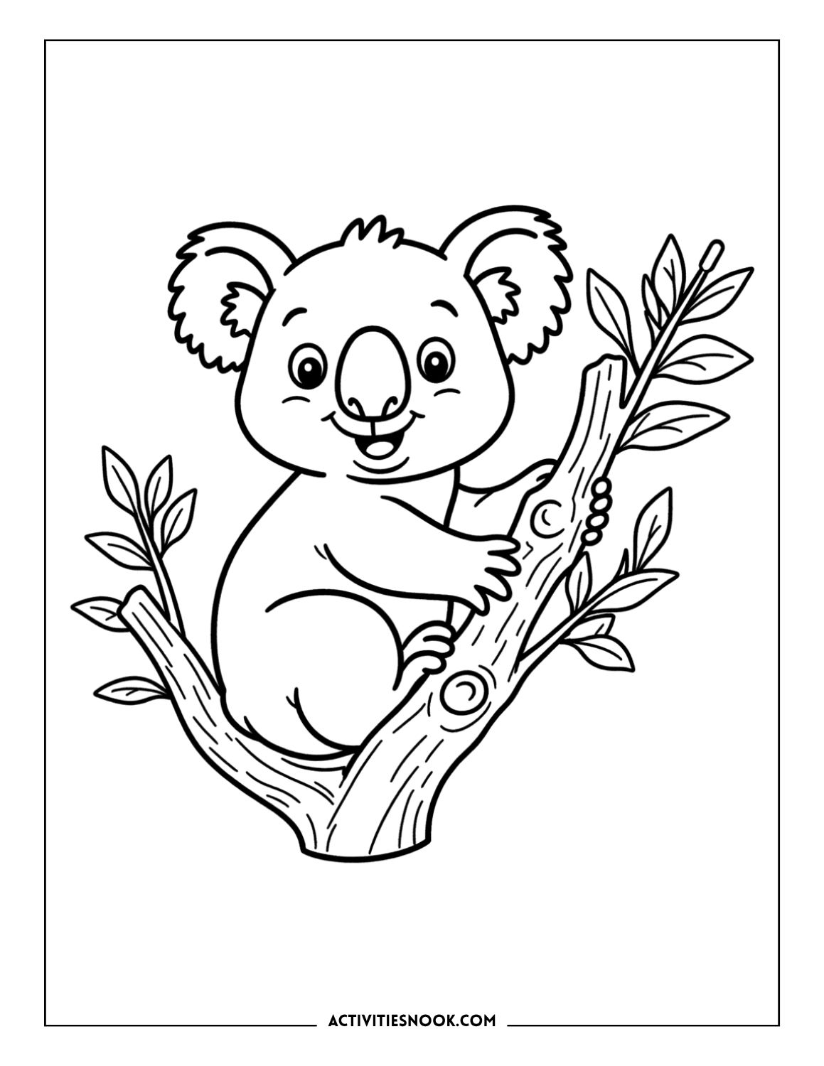 smiling koala sitting on branch coloring page for children