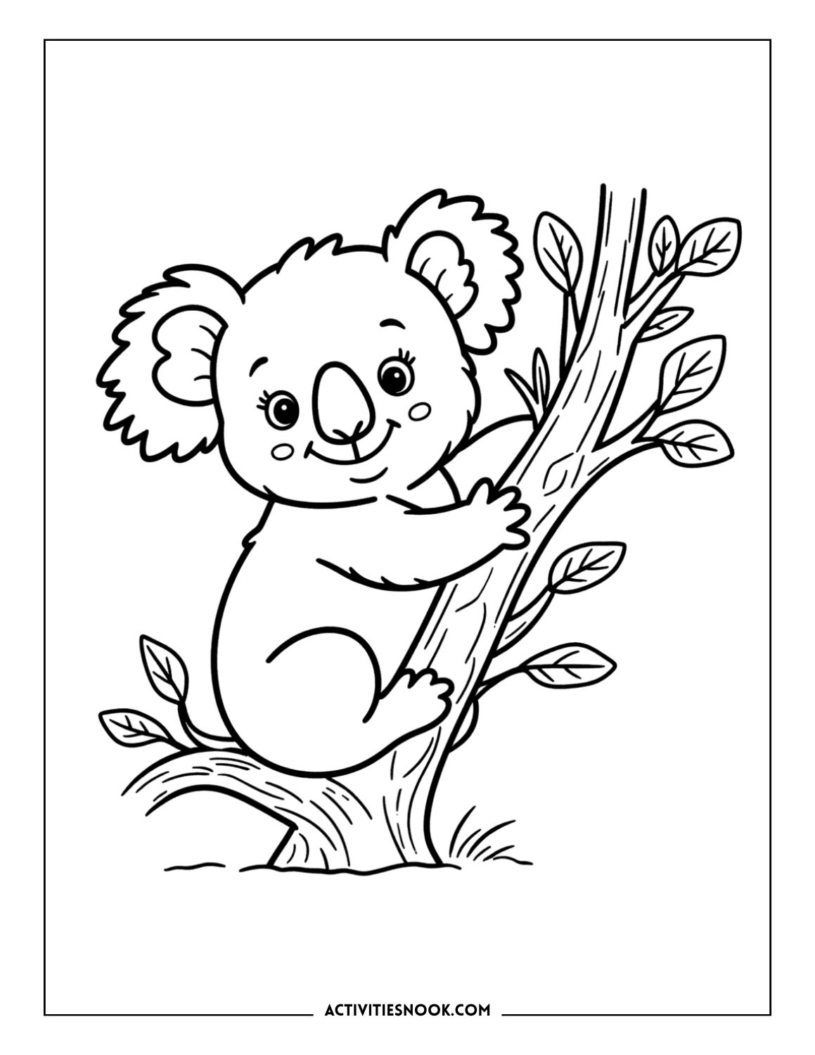 koala climbing tree trunk with leaves coloring sheet printable