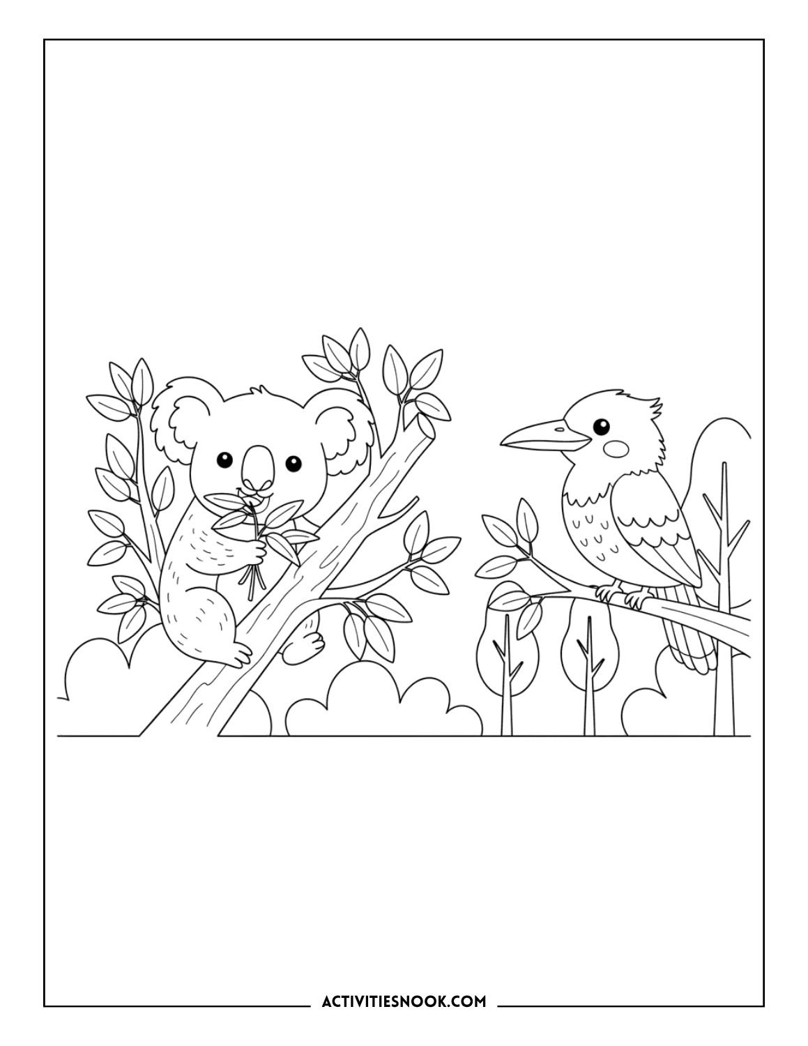 koala and kookaburra in eucalyptus forest coloring page printable