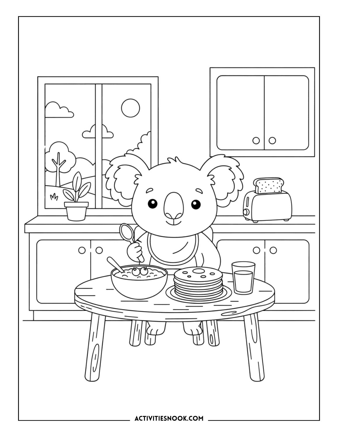 koala eating breakfast at table coloring sheet printable