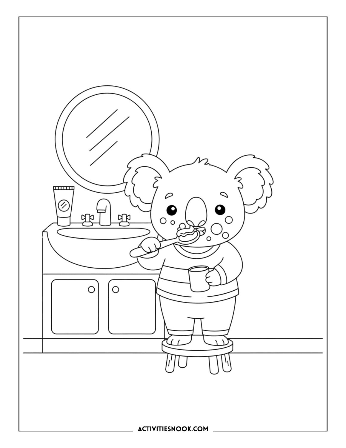 koala brushing teeth bathroom coloring page for preschoolers