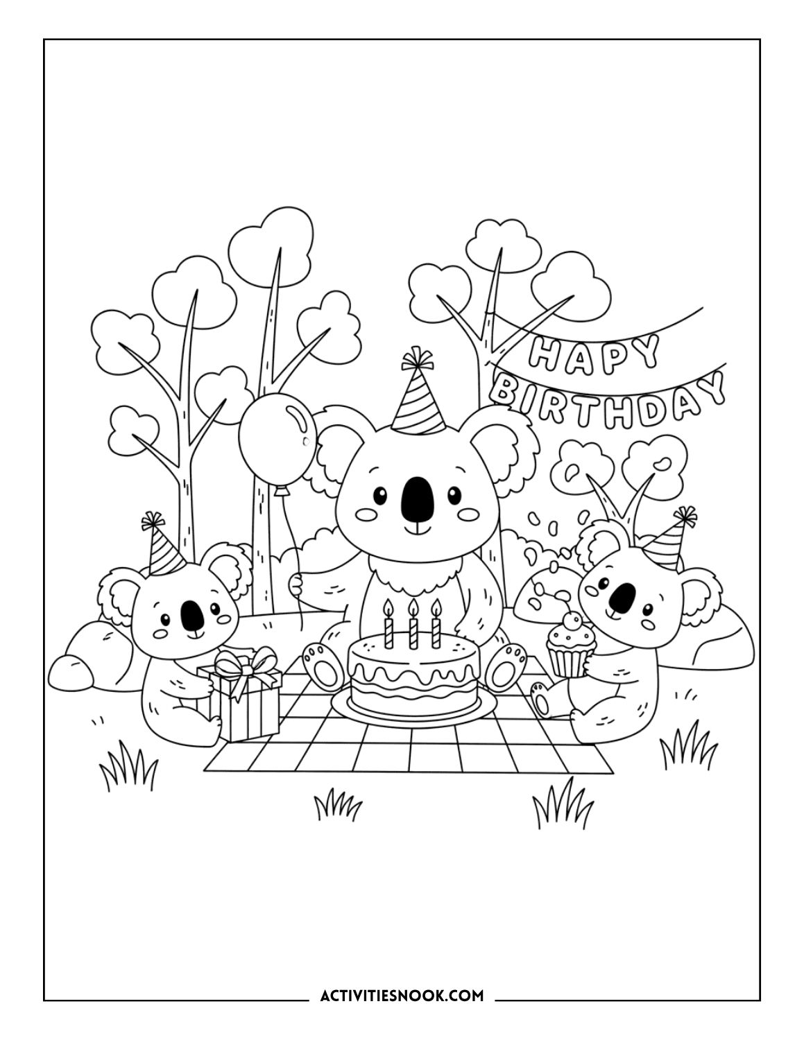 koala birthday picnic coloring page with cake and gifts