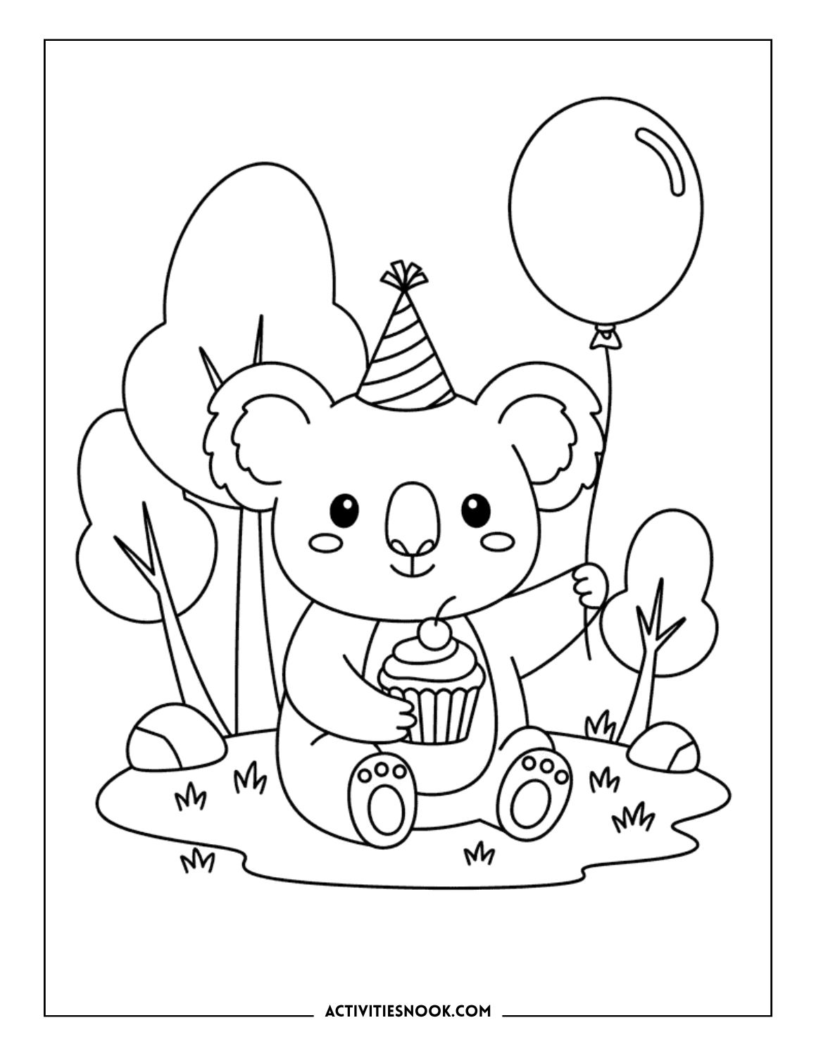 koala holding cupcake and balloon coloring sheet for kids