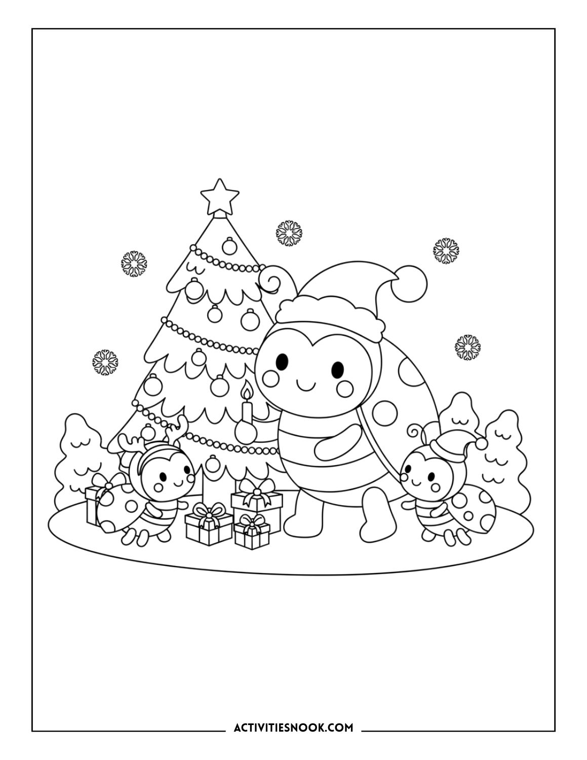 Ladybugs celebrating Christmas with a tree, gifts, and snowflakes.