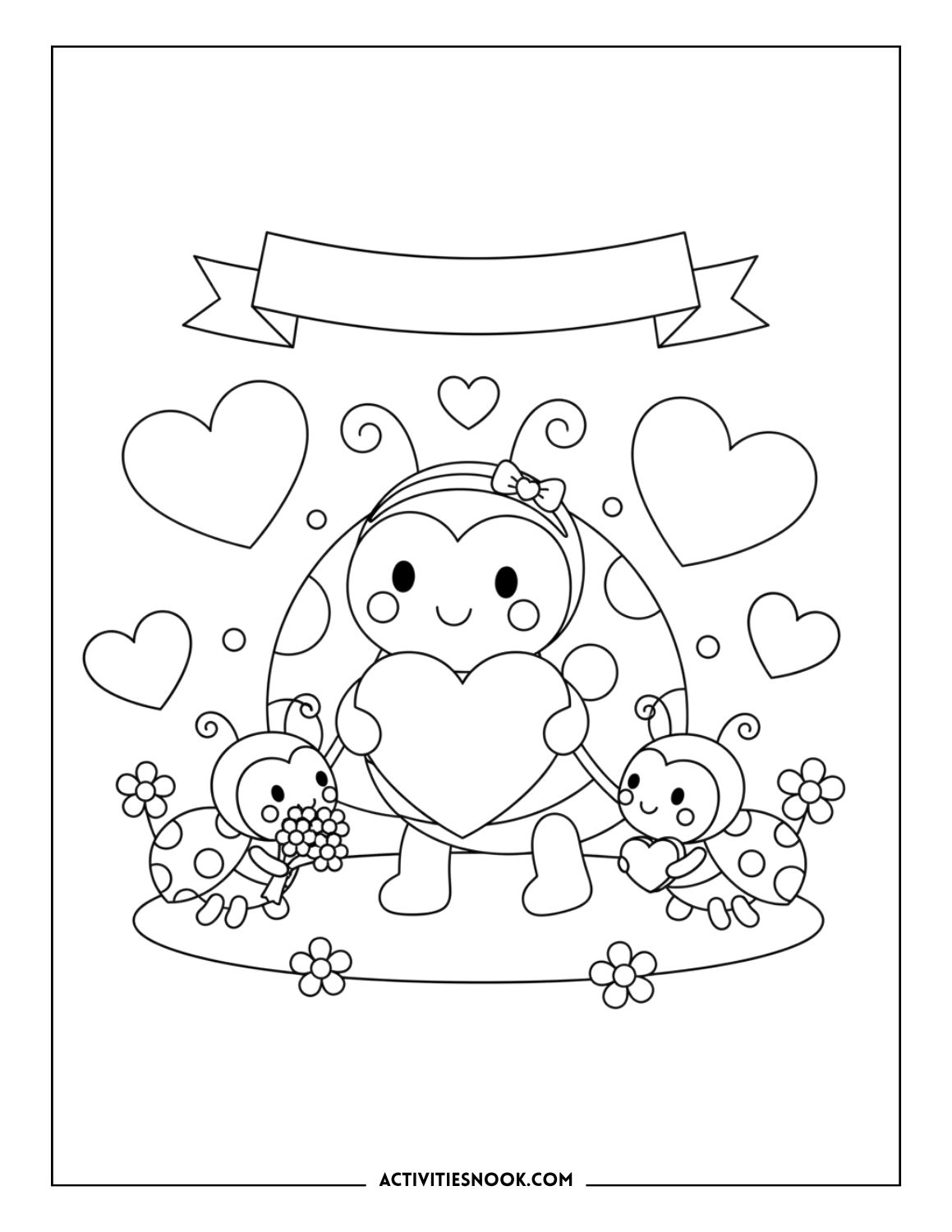 Ladybugs holding hearts and flowers in a Valentine’s Day scene.