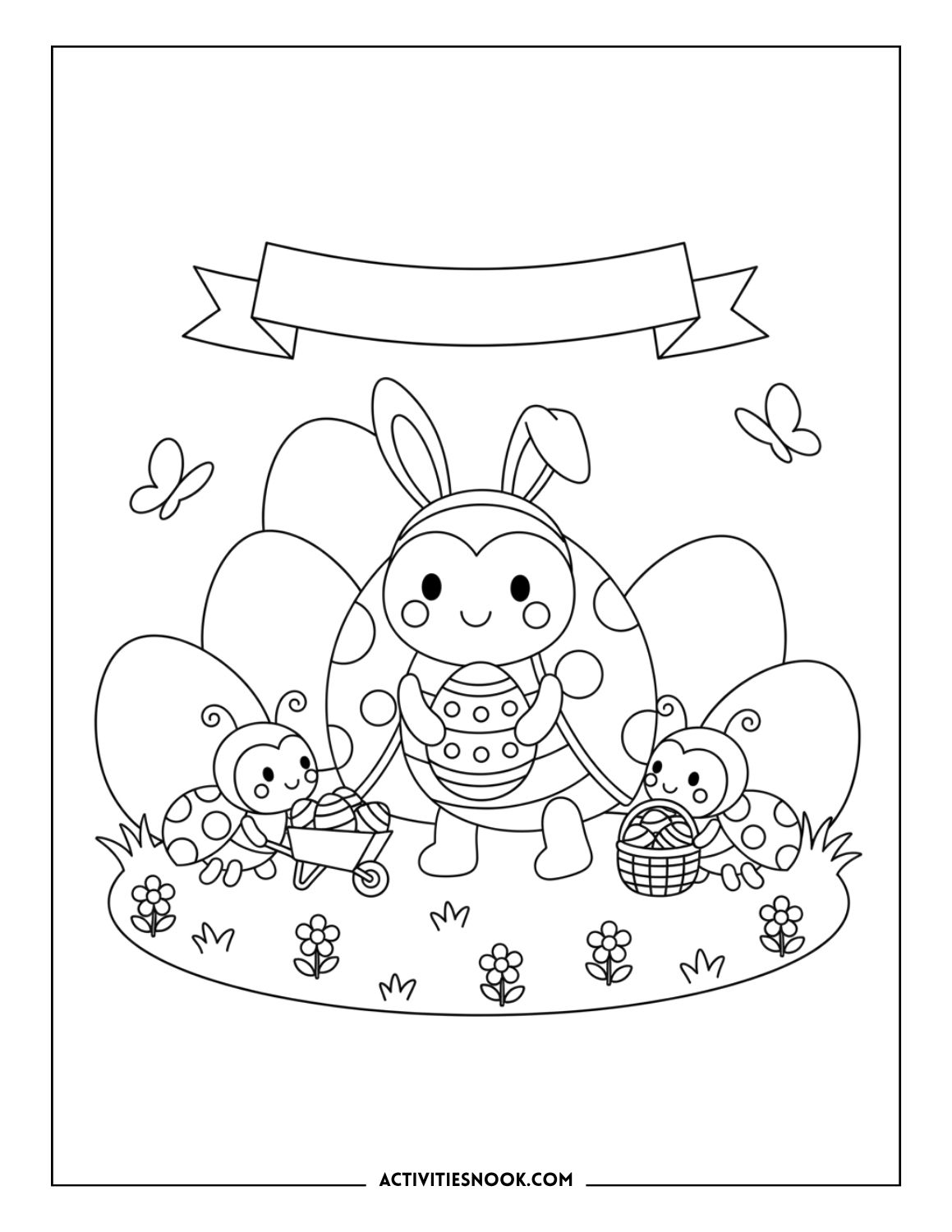 Ladybugs dressed as bunnies with Easter eggs and baskets.