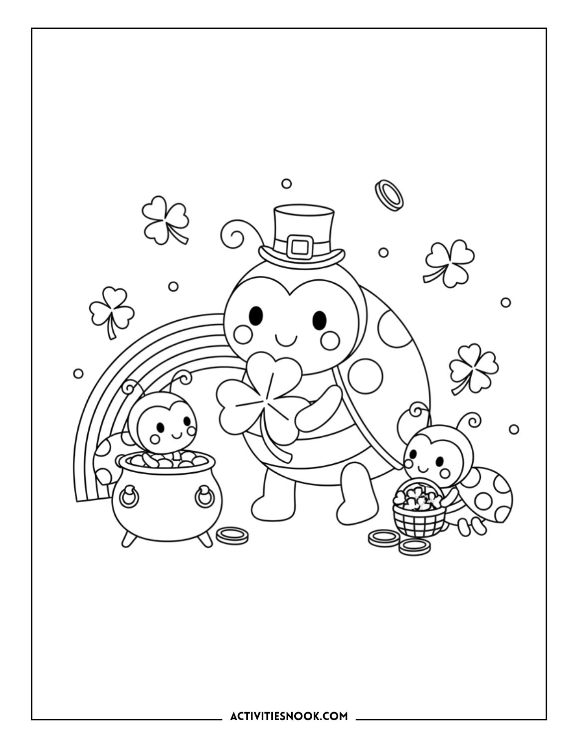 Ladybugs with clovers, rainbow, and pot of gold for St. Patrick’s Day.