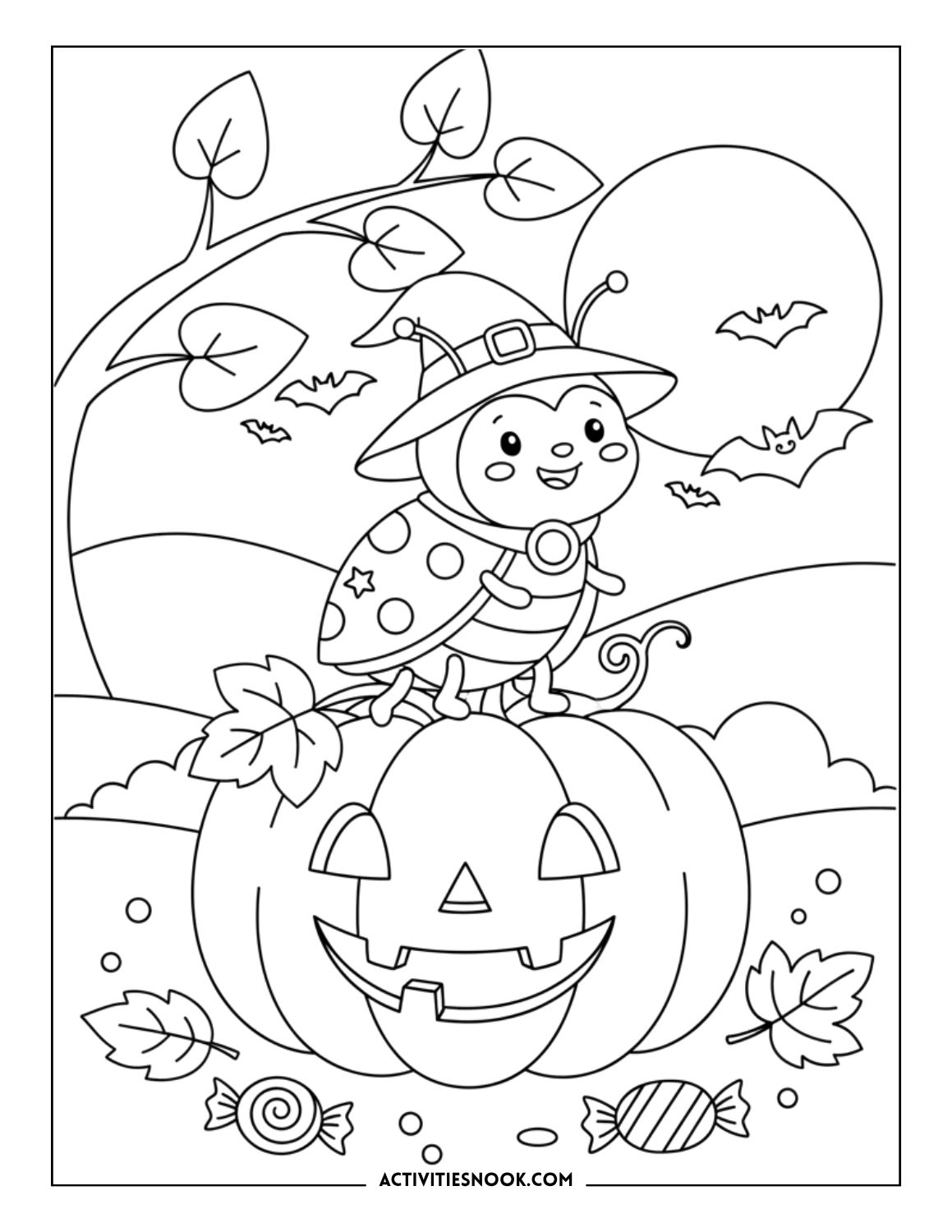 Ladybug wearing a witch hat sitting on a pumpkin with bats flying in the background.