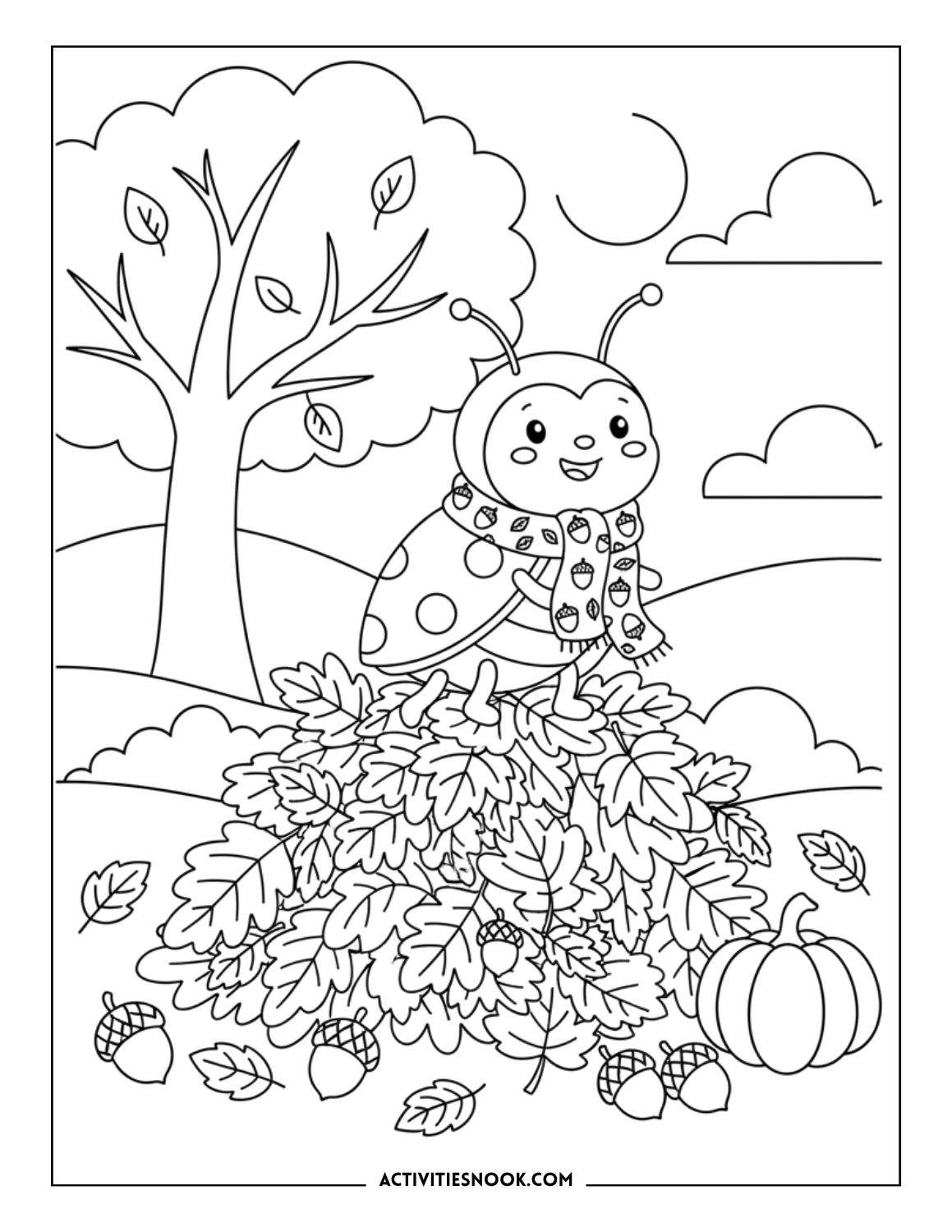 Ladybug in a scarf sitting on a leaf pile surrounded by pumpkins and acorns.