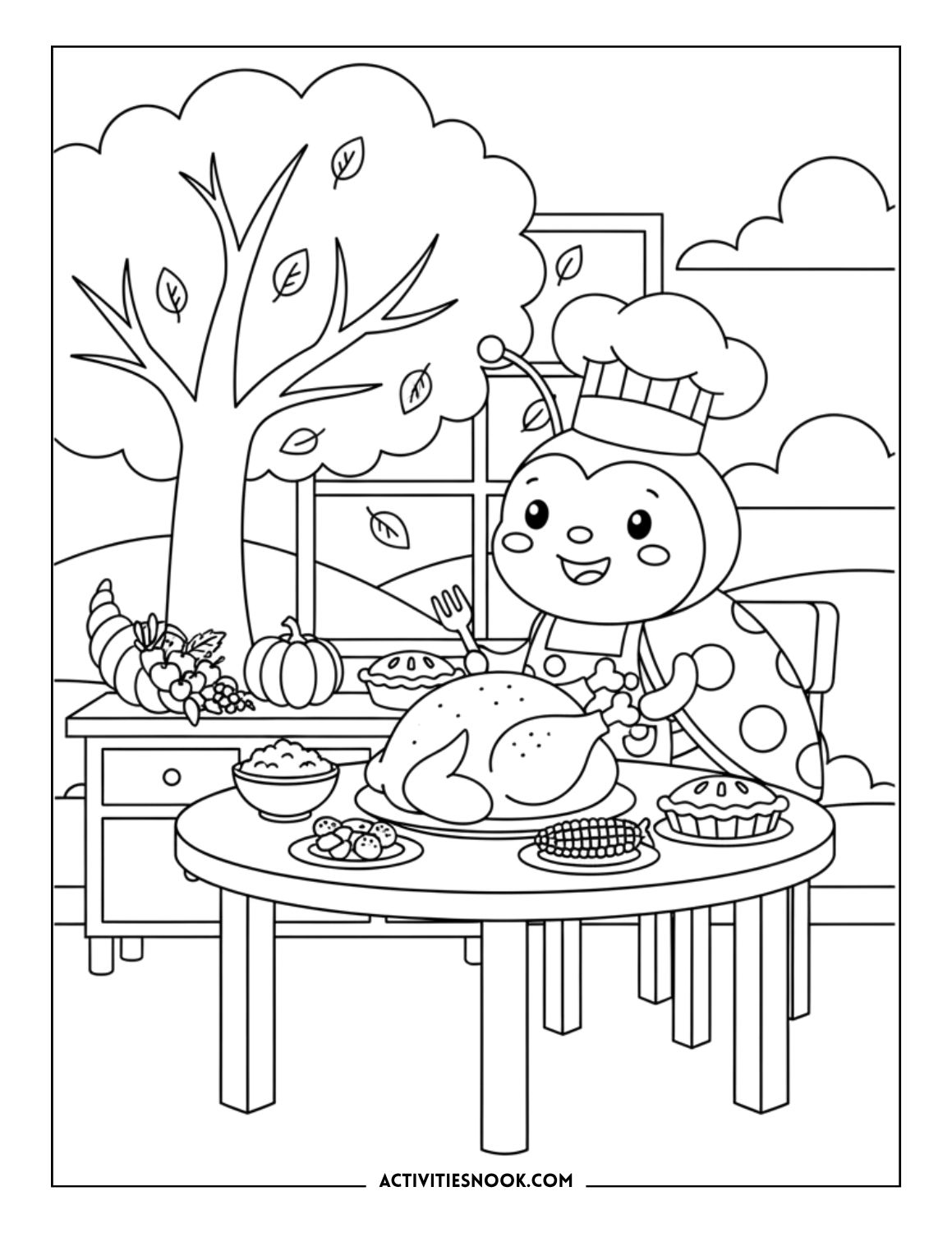 Ladybug wearing a chef hat setting a Thanksgiving table with turkey and pies.