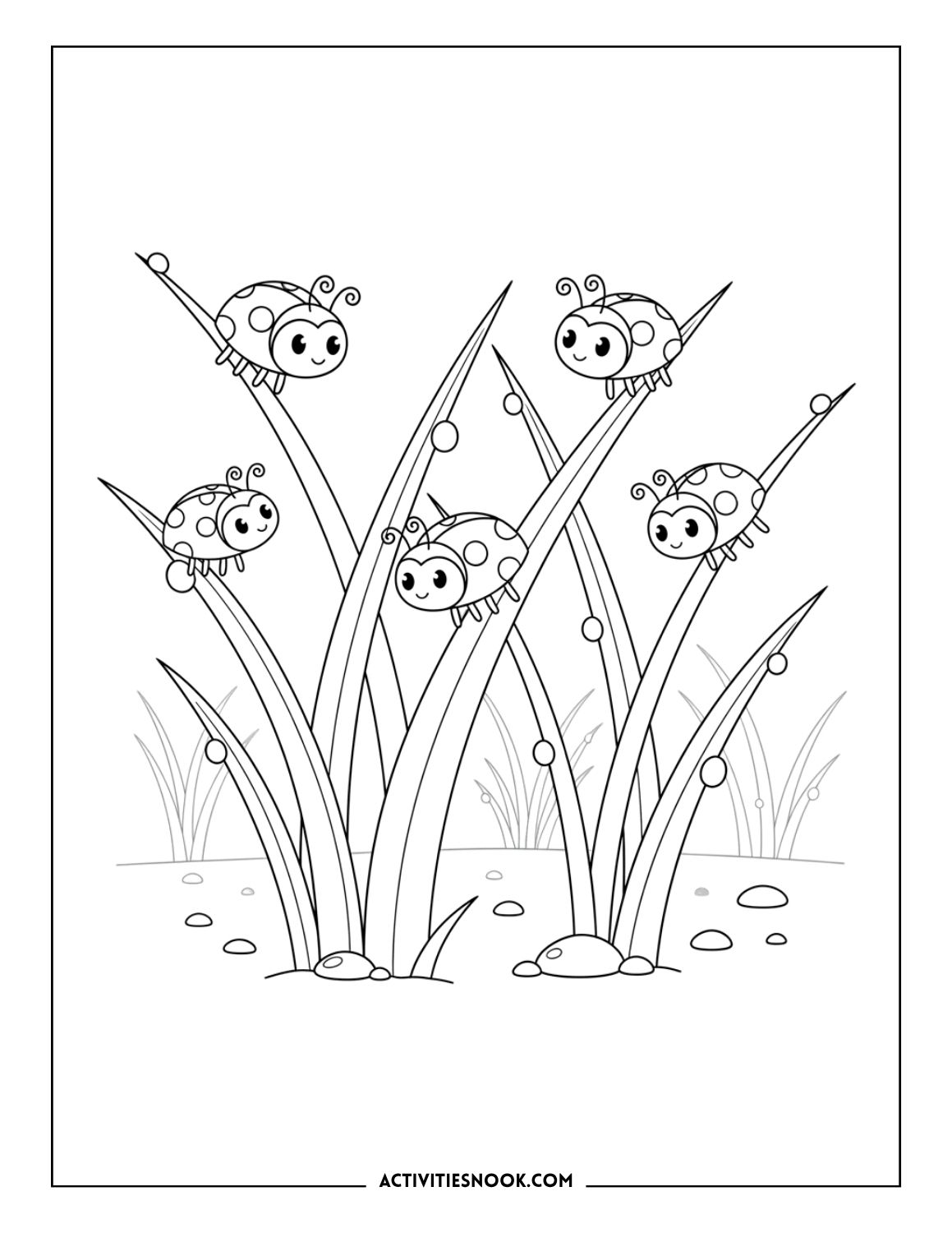 Group of ladybugs climbing grass stems with dew drops.