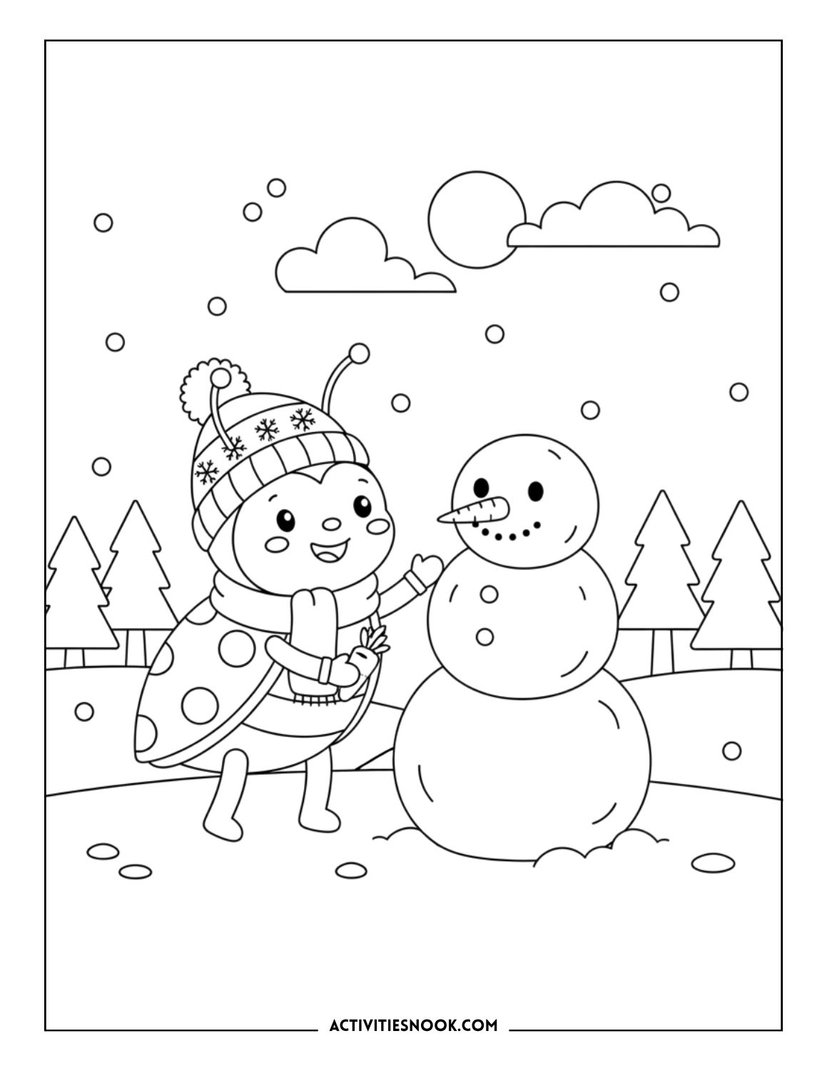 Ladybug in winter clothes building a snowman with trees and snowflakes around.