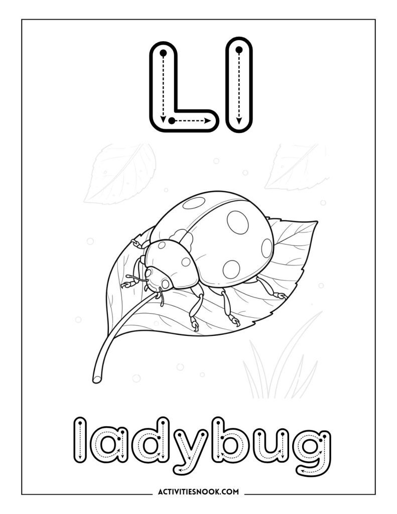 Letter L alphabet coloring page with ladybug on a leaf and tracing letters.