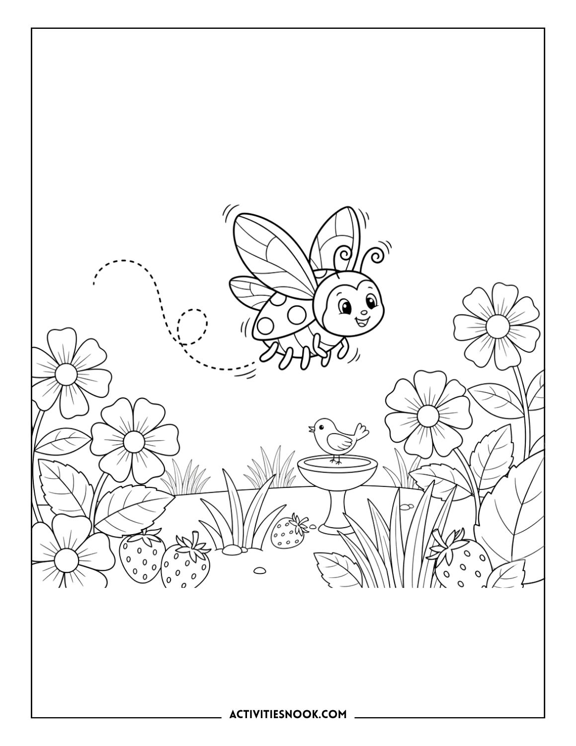 Ladybug flying over garden flowers, strawberries, and birdbath.