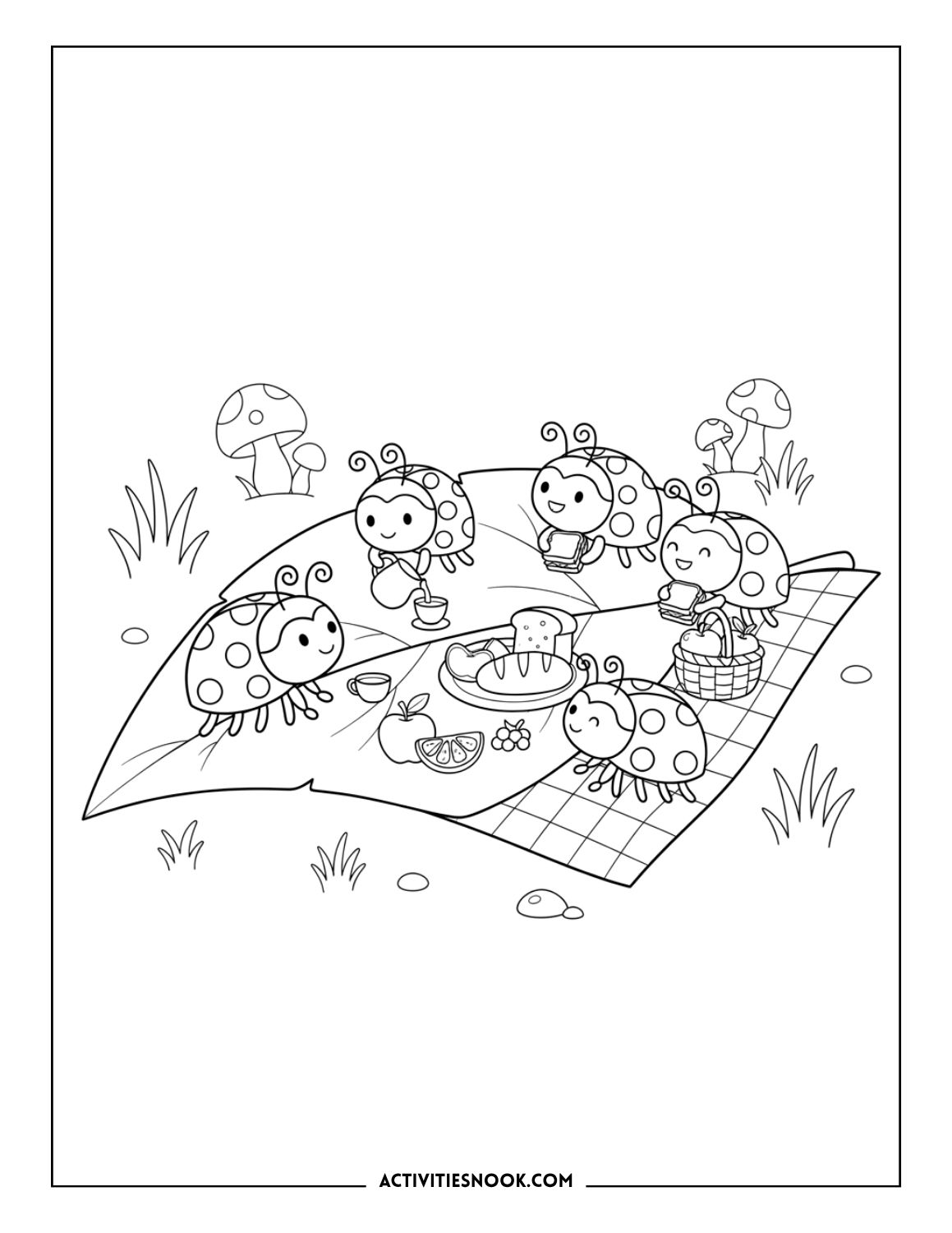 Group of ladybugs having a picnic with food on a blanket.