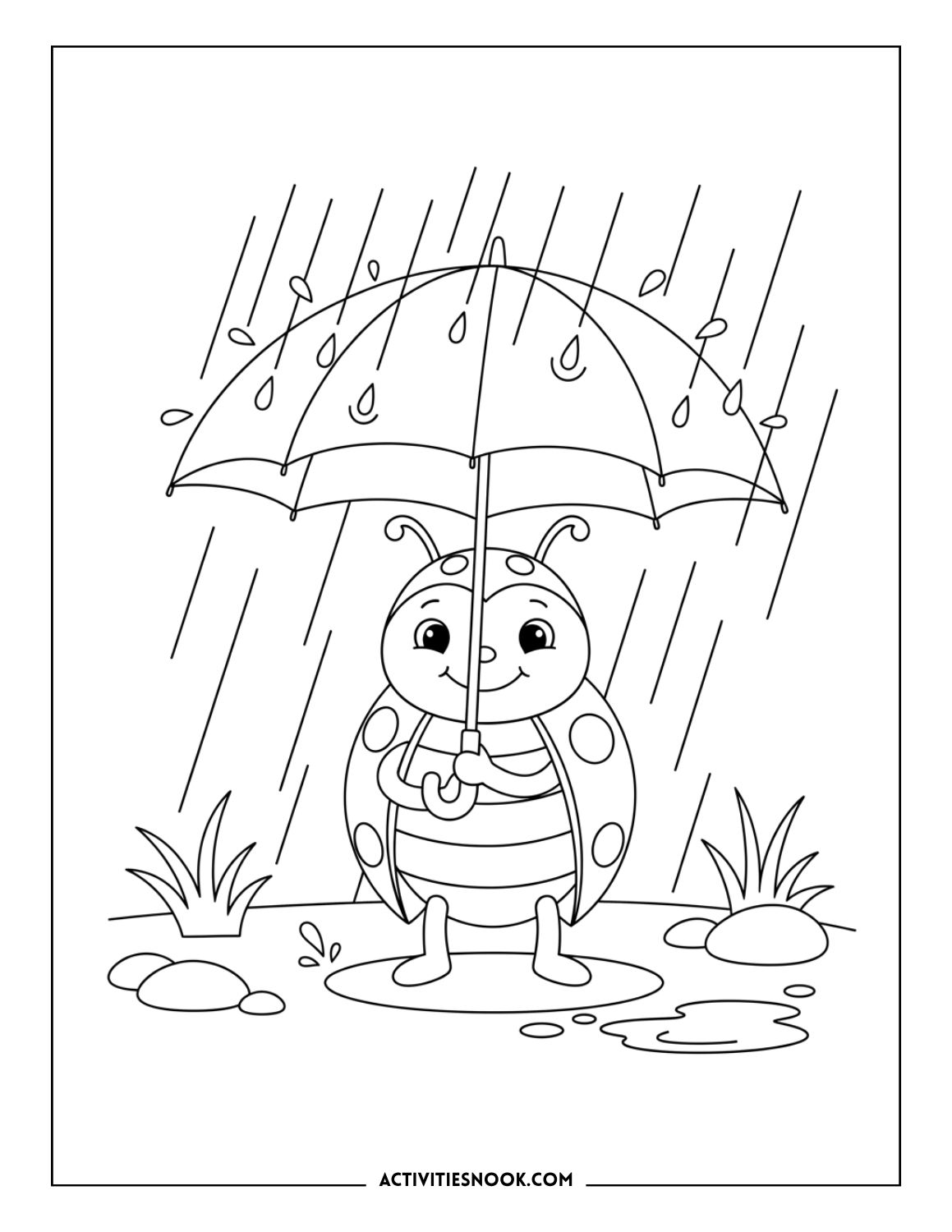 Ladybug standing in rain holding umbrella above puddles.