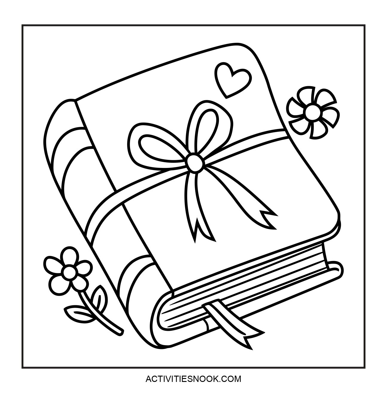 A coloring page featuring a book with a ribbon and flowers.