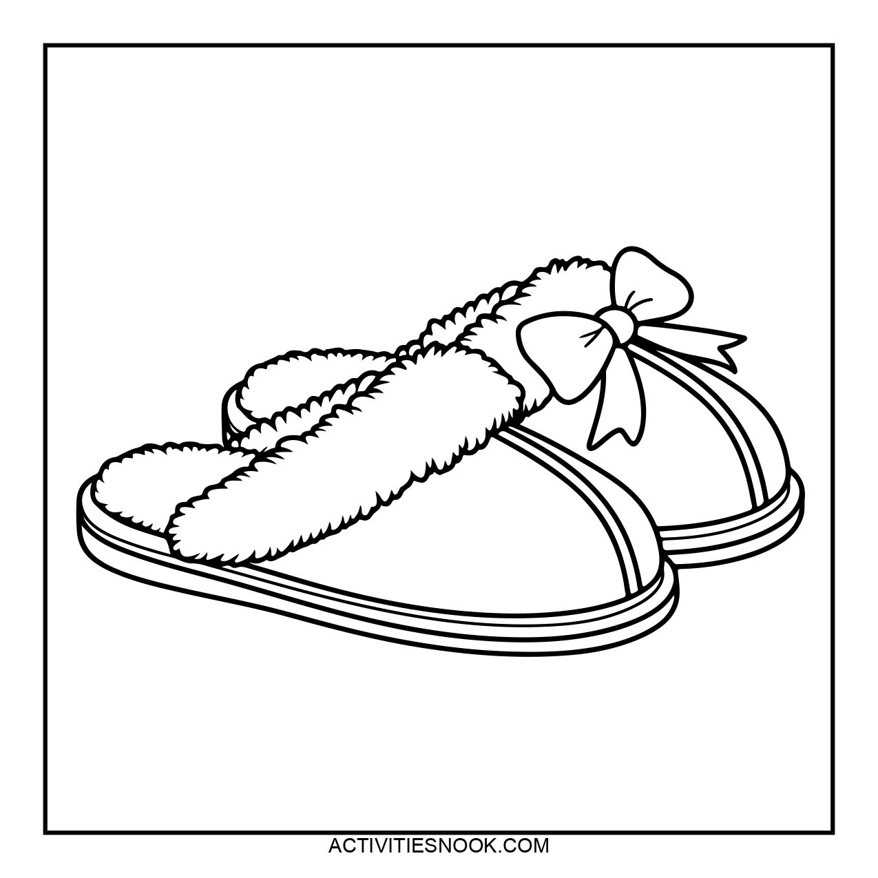 Coloring page of a pair of cozy slippers with a fluffy texture and a bow on the front.