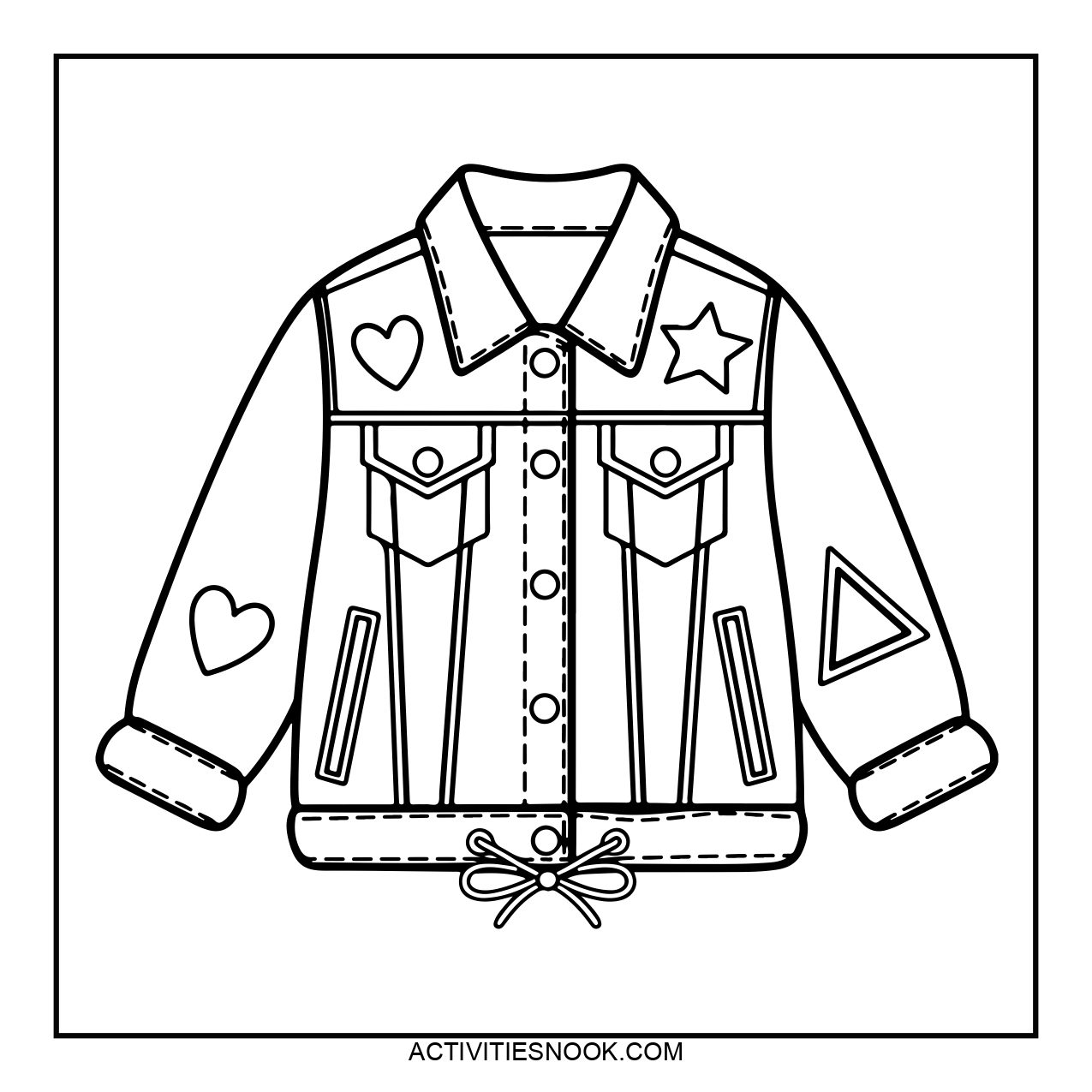 A line drawing of a denim jacket with various shapes and symbols, including hearts, stars, and triangles.