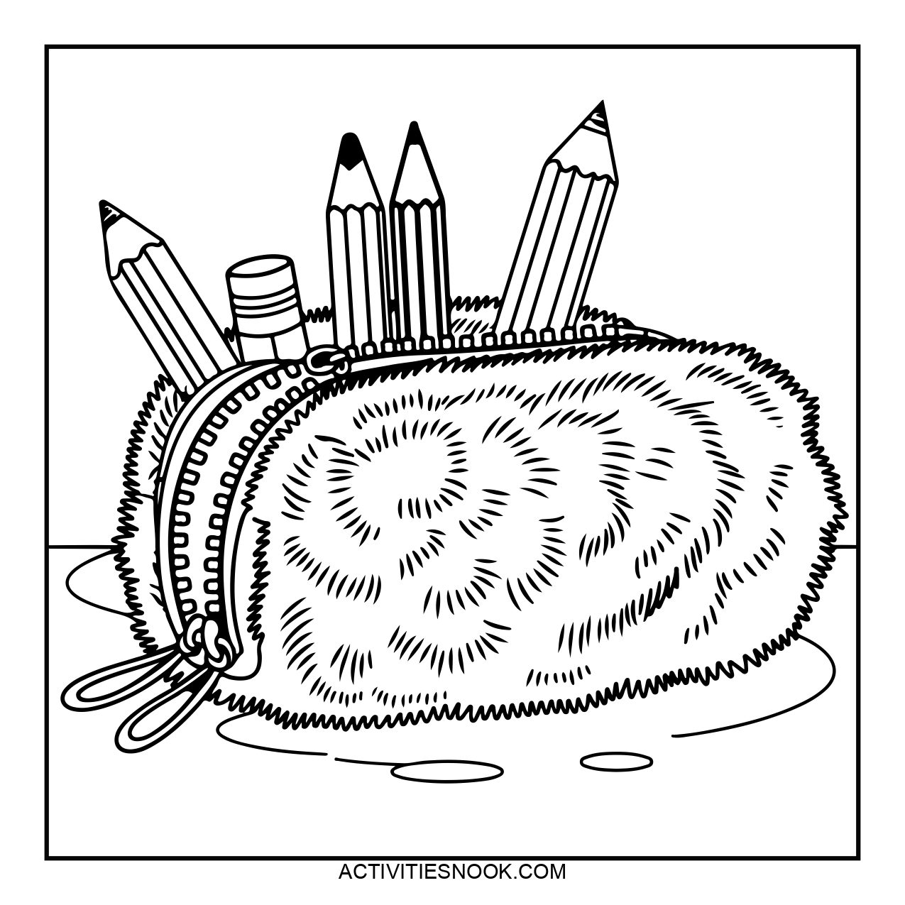 A coloring page of a fluffy zippered pencil case filled with colored pencils and a sharpener.