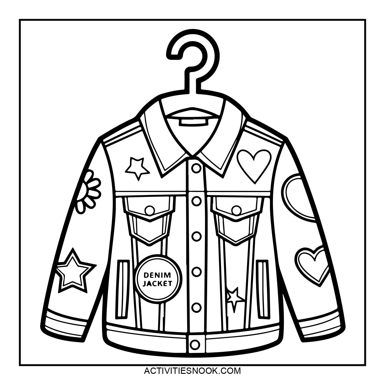 Coloring sheet of a denim jacket hanging on a hook. The jacket features various decorative elements like stars, hearts, and flowers.