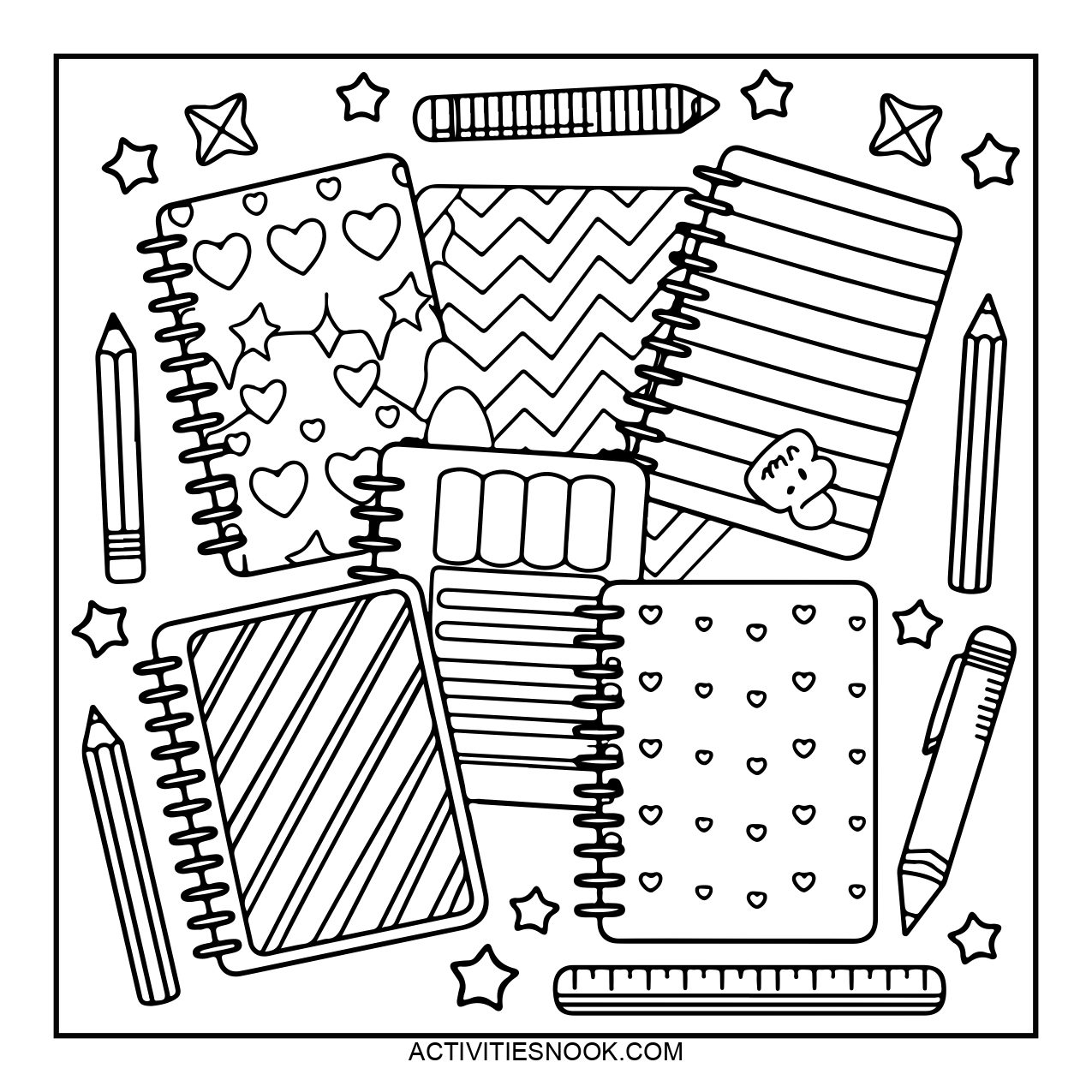 A collection of cute notebooks with different patterns, including hearts and stripes, surrounded by colored pencils and stars.